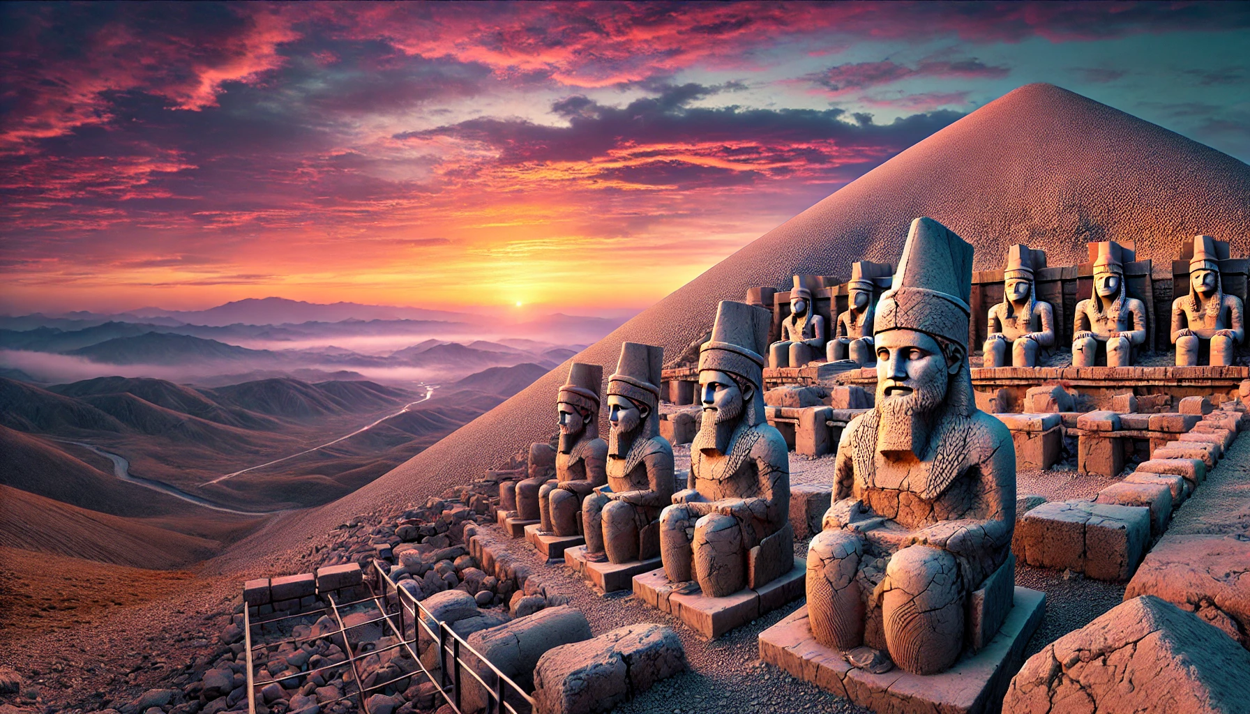 A picturesque view of Nemrut Mountain in Adiyaman, Turkey, featuring the colossal statues of gods and King Antiochus on the East Terrace, set against the stunning backdrop of a sunrise with vibrant colors in the sky and rugged mountain landscape.