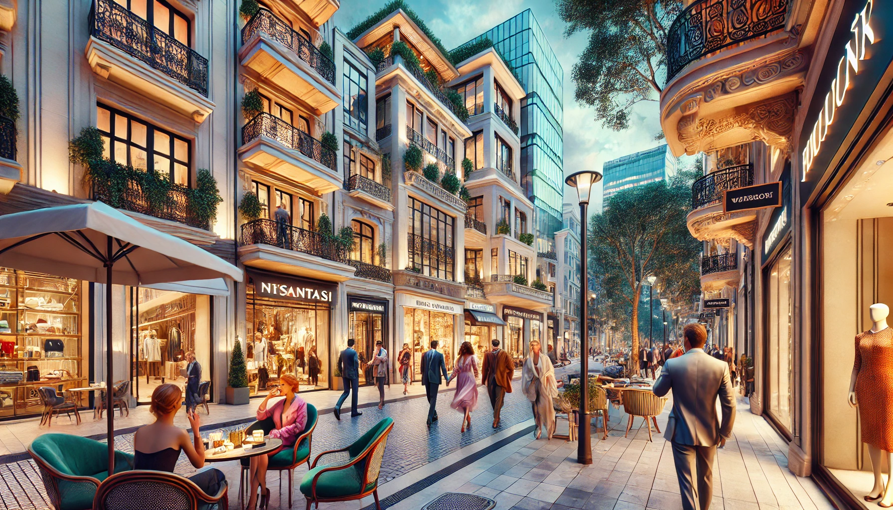 Nişantaşı, Istanbul's upscale neighborhood, showcasing luxurious storefronts, stylish pedestrians, and elegant architecture.