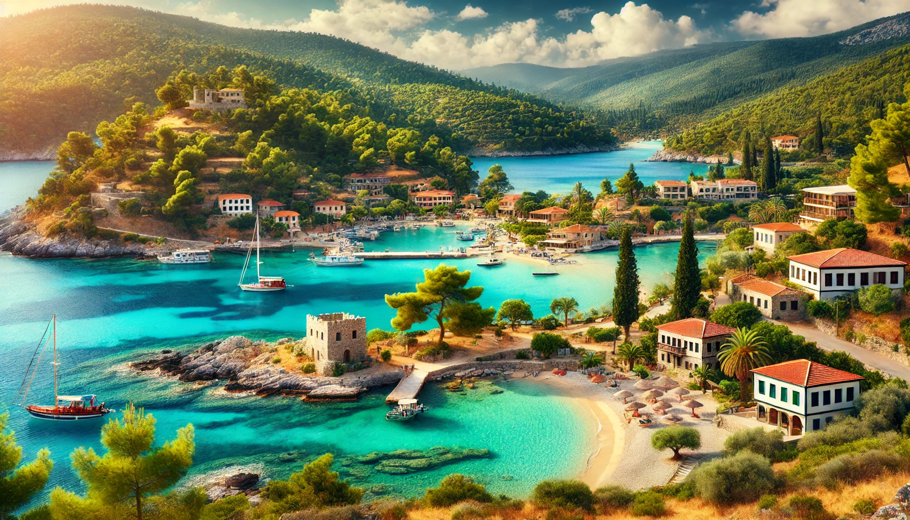 A picturesque view of the North Aegean coast in Turkey, featuring clear turquoise waters, sandy beaches, and lush greenery. The scene includes charming stone houses, ancient ruins, and a small harbor with boats, set against a backdrop of pine and olive-clad hills.