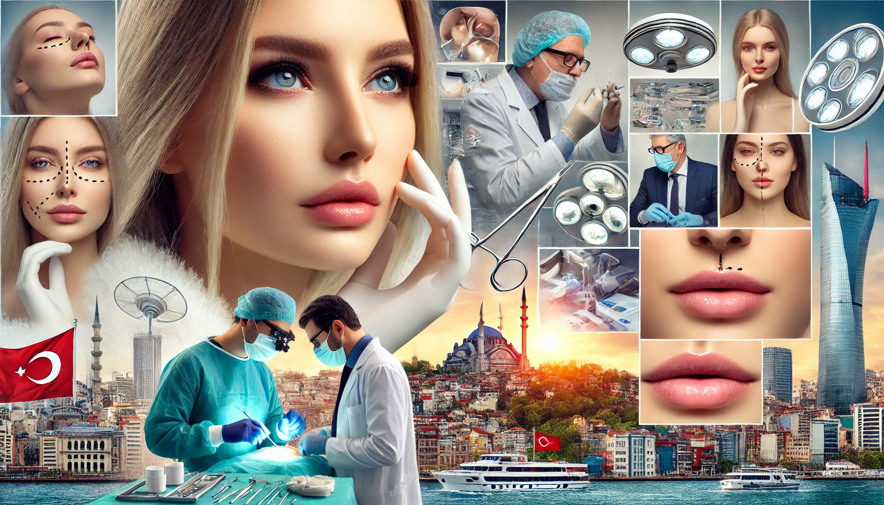 Collage showcasing various aspects of rhinoplasty (nose job) procedures in Turkey, featuring a modern medical facility, a surgeon performing the procedure, before-and-after photos of patients, and the vibrant cityscape of Istanbul in the background.