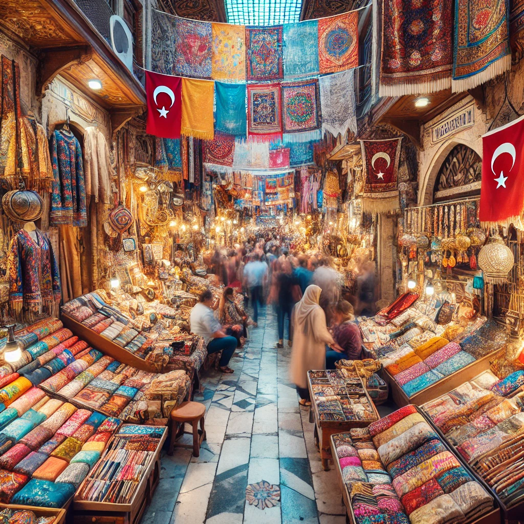 A vibrant and bustling old silk market in Turkey with colorful silk scarves, fabrics, and various accessories displayed in stalls.