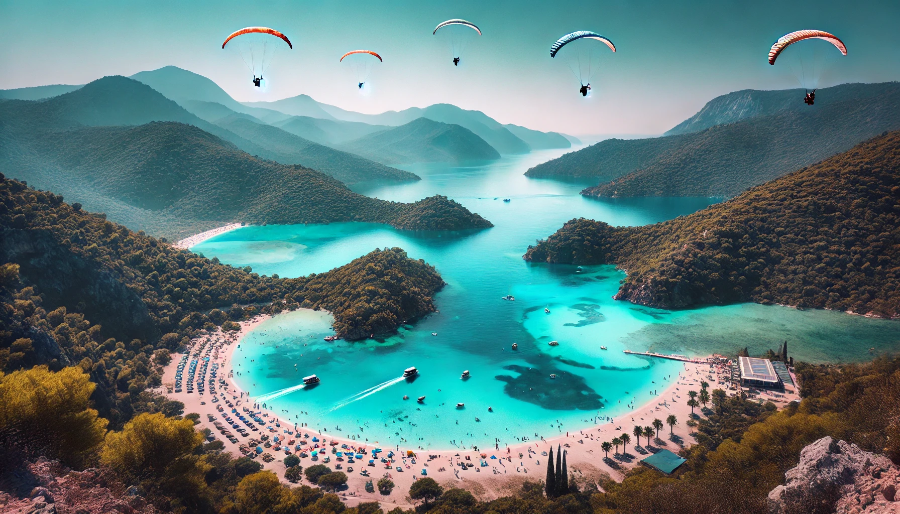 Stunning view of Ölüdeniz Blue Lagoon with turquoise waters, lush green hills, and paragliders soaring above.