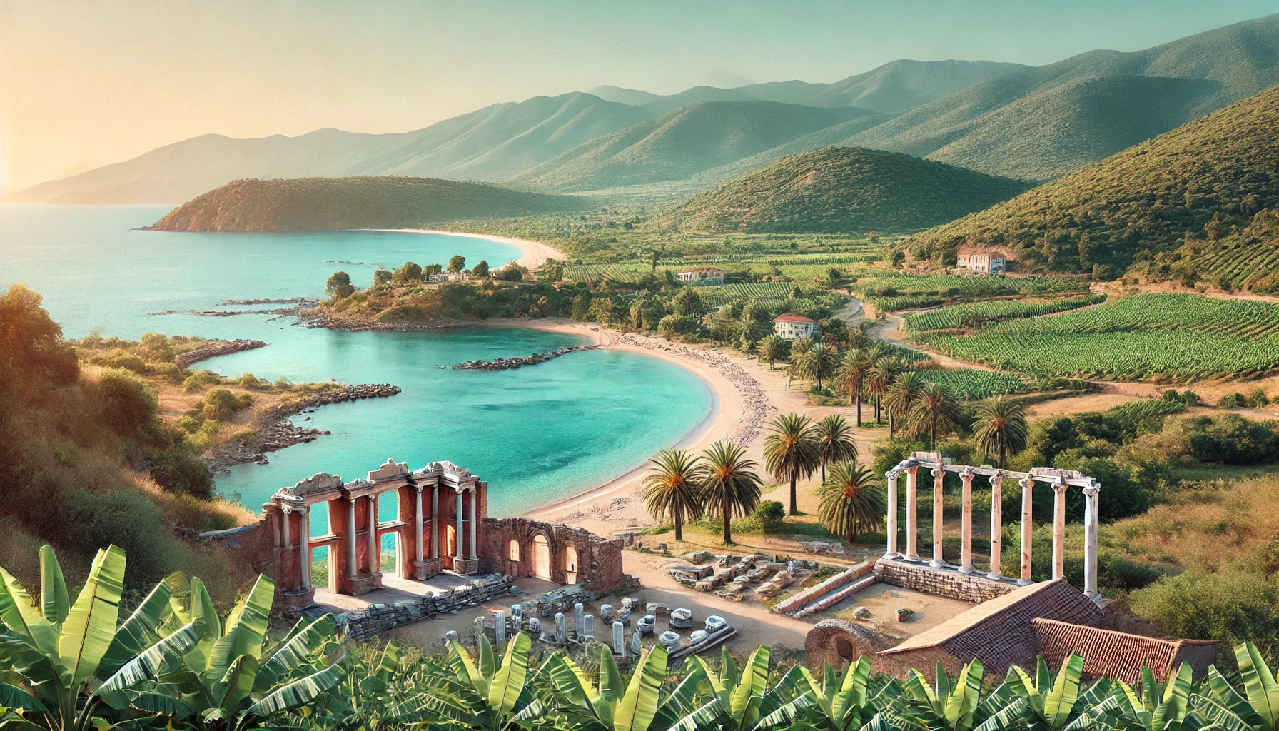 Scenic view of Ören, Turkey with ancient ruins, banana plantations, and a pristine Mediterranean beach.