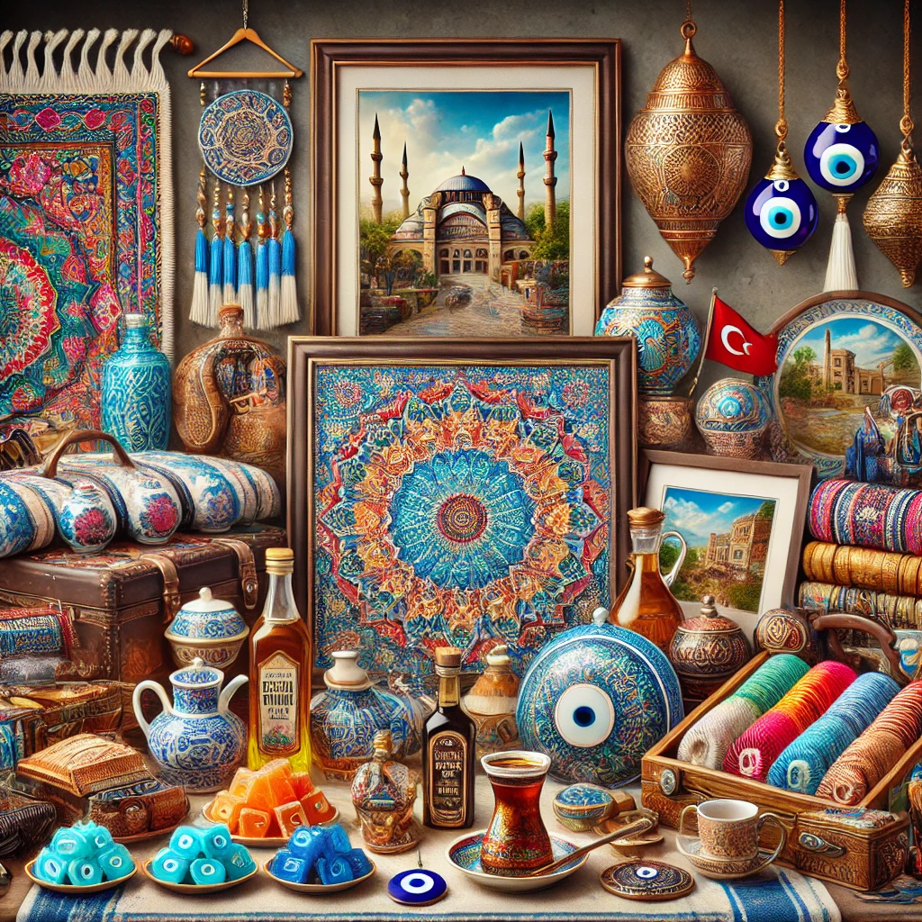 A collection of original products made in Turkey displayed beautifully. The image includes a vibrant Turkish carpet, intricate Iznik ceramics with blue and white patterns, a tray of colorful Turkish delight, blue evil eye amulets, luxurious Turkish textiles, a traditional Turkish coffee set, bottles of Turkish olive oil, handcrafted copperware, a Turkish tea set, and stylish Turkish leather goods. The background features a traditional Turkish setting, adding to the authenticity and richness of the display.