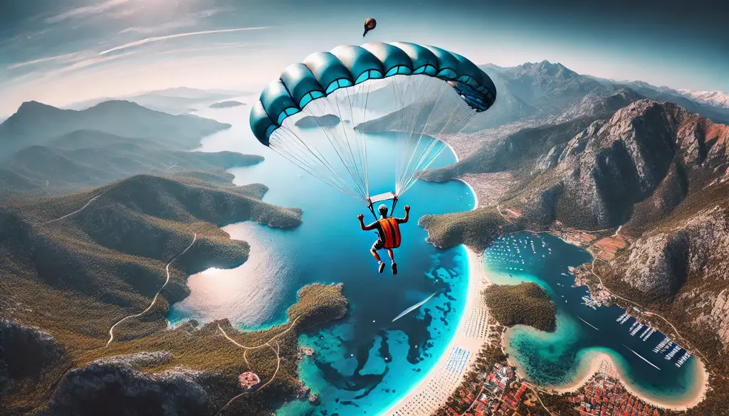 Parachuting over Fethiye, Turkey with a view of the Blue Lagoon and Ölüdeniz Beach.