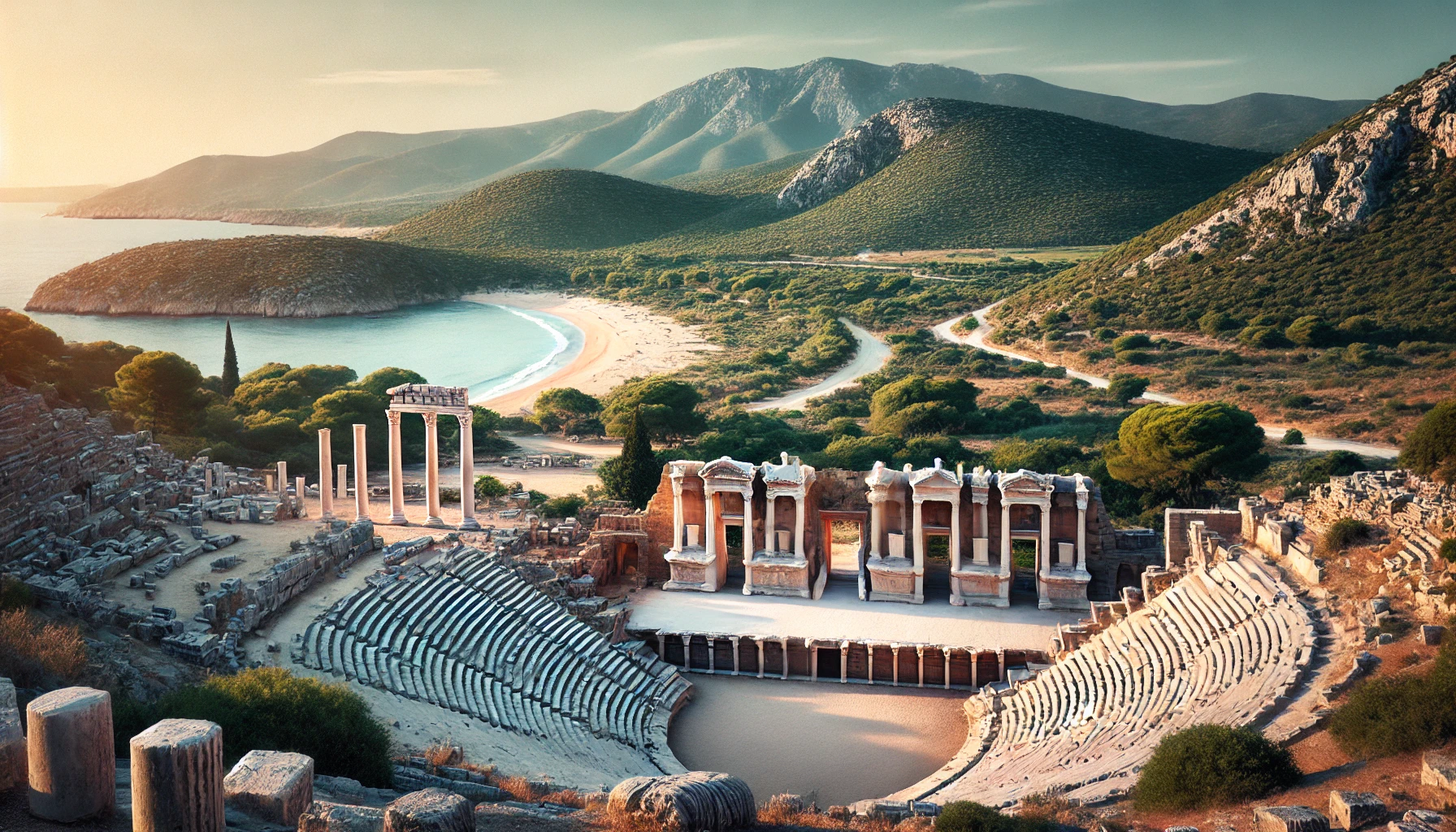 Scenic view of Patara, Turkey with ancient ruins, lush green hills, and the pristine Patara Beach.