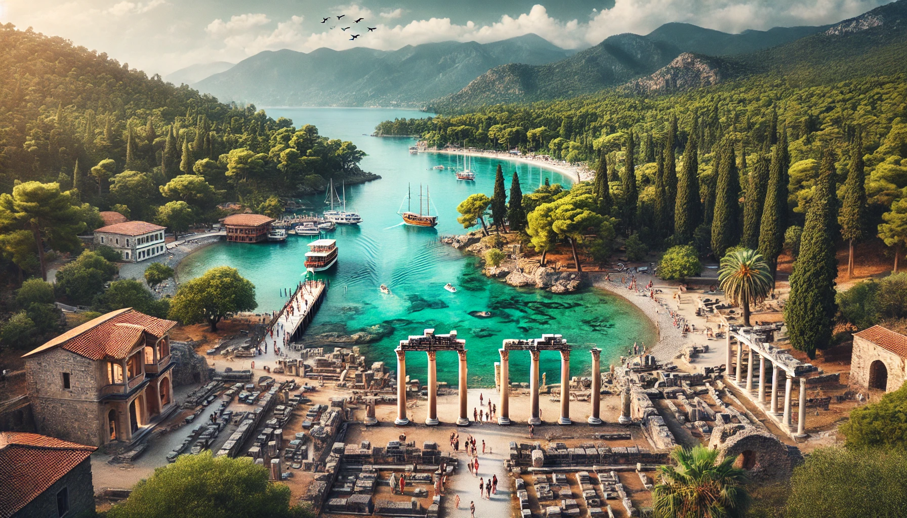 A stunning view of the ancient city of Phaselis in Antalya, Turkey, featuring well-preserved Roman and Byzantine ruins, including the harbor, agora, and aqueduct, set against lush green forests and the turquoise waters of the Mediterranean Sea.