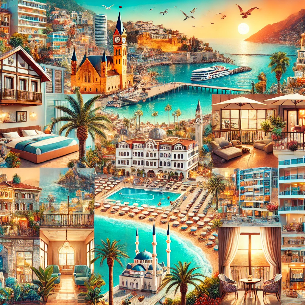 A vibrant collage showcasing various accommodation options in Alanya, Turkey, including luxury beachfront resorts, cozy mid-range hotels, and budget-friendly guesthouses, set against a backdrop of beautiful beaches, historical landmarks, and vibrant streets.