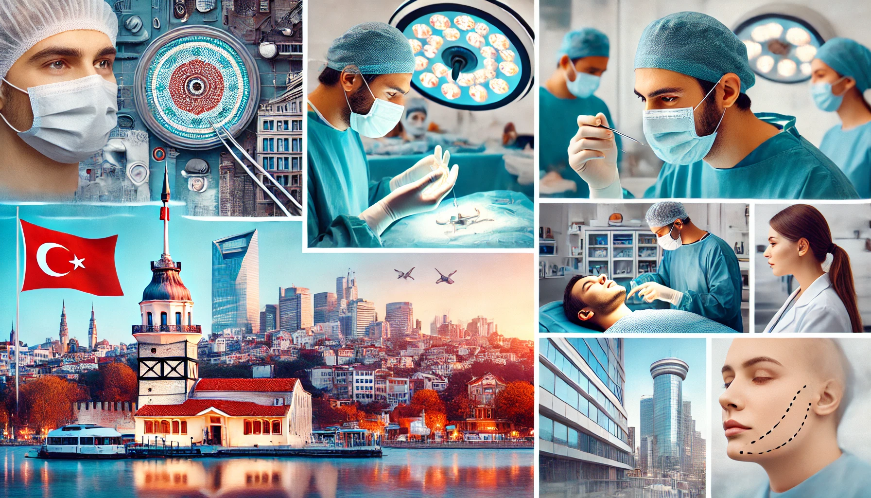 Collage showcasing various plastic surgery procedures in Turkey, featuring a modern medical facility, a surgeon performing a procedure, before-and-after photos of patients, and the vibrant cityscape of Istanbul in the background.