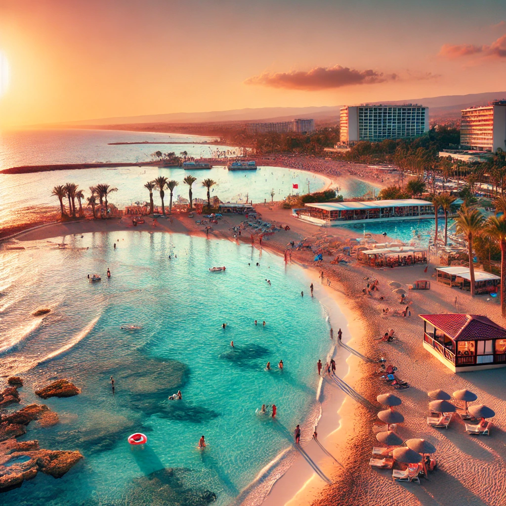 A beautiful beach in Turkey during sunset with clear blue waters, sandy shores, and some tourists enjoying the view. Resorts and palm trees are visible in the background.