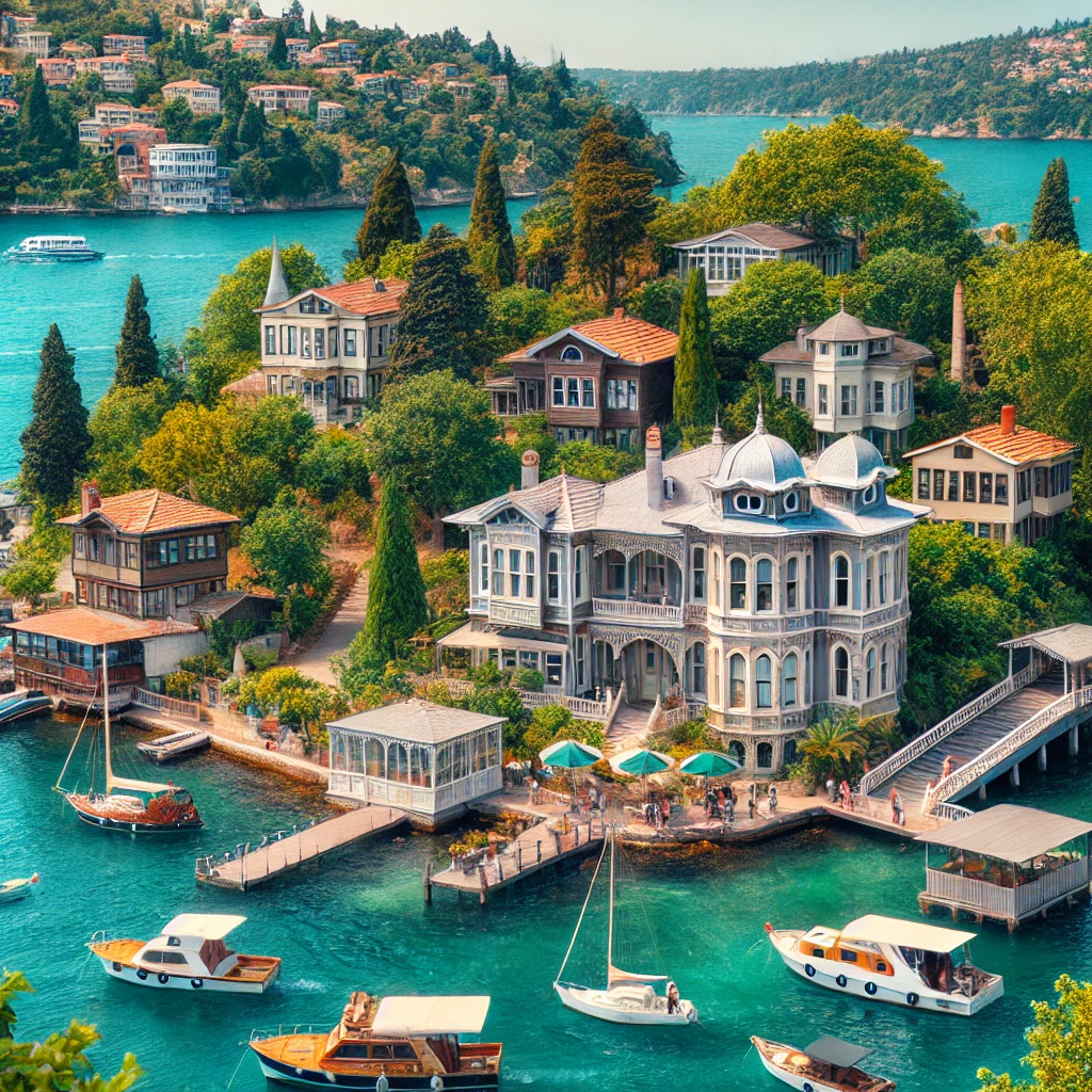 Picturesque view of the Princes' Islands near Istanbul, showcasing Büyükada with its Victorian-era houses, lush greenery, and clear blue waters. Traditional boats are docked at the shoreline, and people are enjoying the scenic views and outdoor activities.