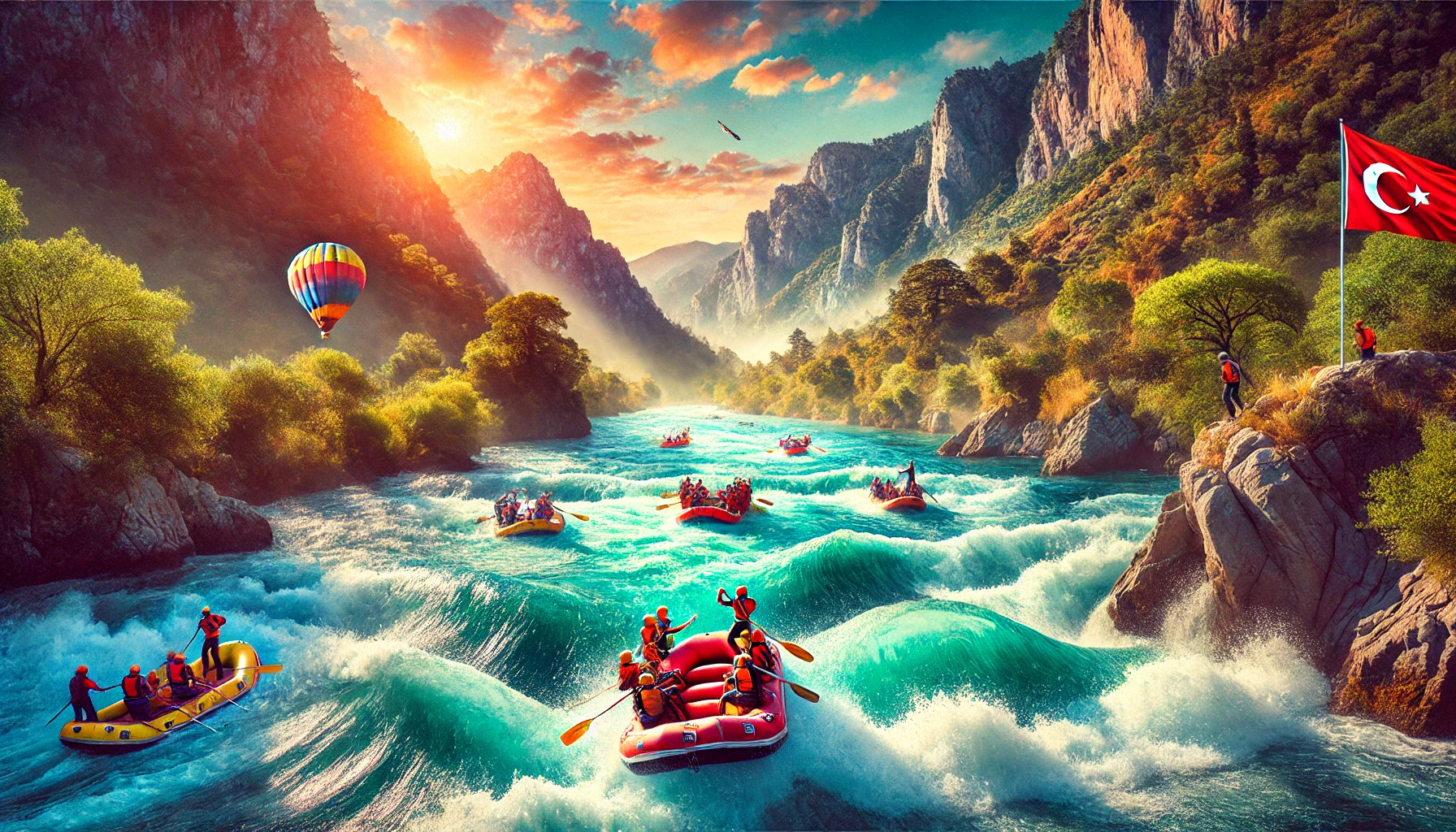 A vibrant scene showcasing rafting in Turkey, featuring rafters navigating the wild waves of the Manavgat River, Fırtına River, and Çoruh River, set against stunning natural landscapes.