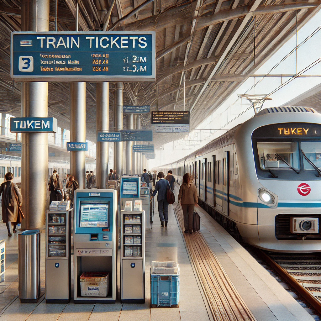 Realistic scene of a train station in Turkey with passengers buying tickets at booths and automated machines.