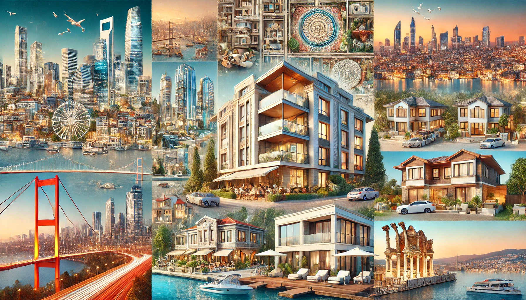 Collage showcasing various aspects of the real estate market in Turkey, featuring modern apartments, luxury villas, bustling city streets, and scenic coastal properties, with iconic landmarks like the Bosphorus Bridge in Istanbul and the ancient ruins of Ephesus in the background.