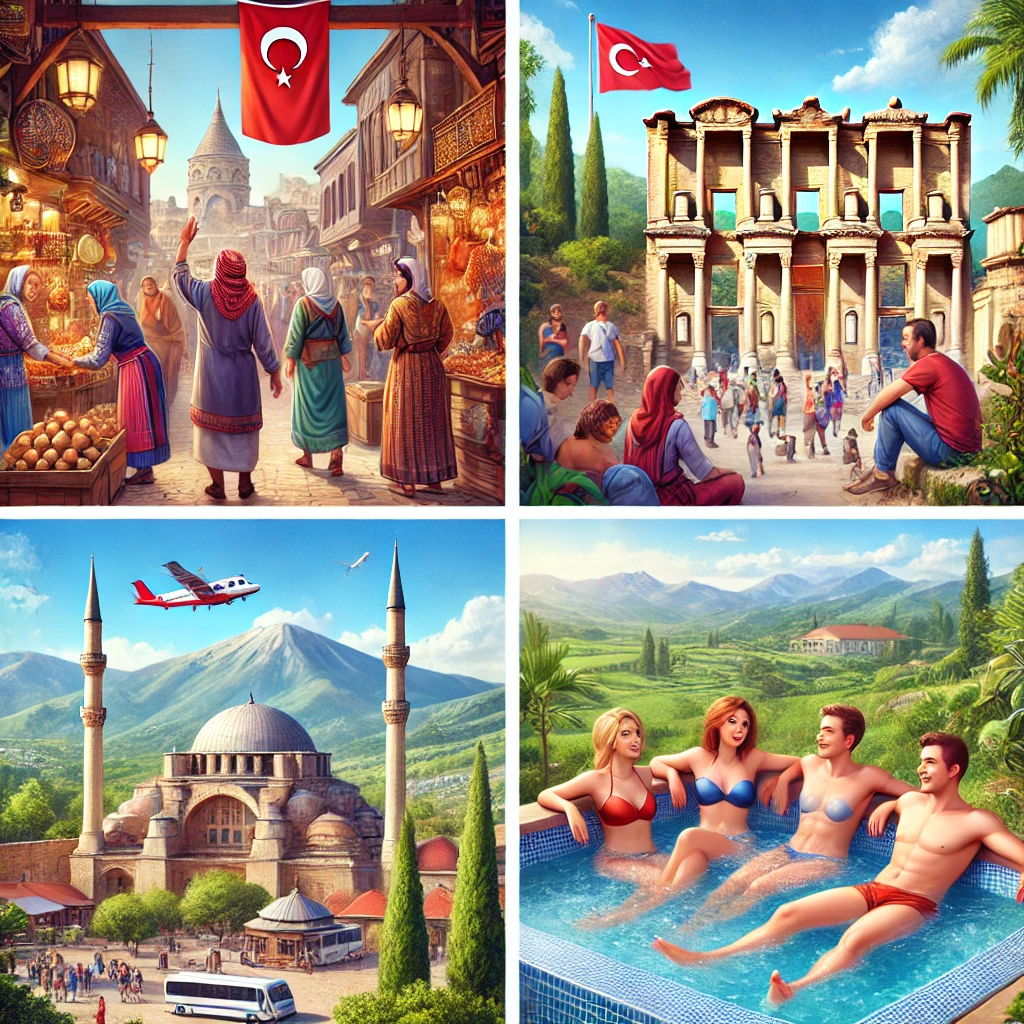 Tourists exploring ancient ruins, relaxing in a Turkish hammam, and enjoying the scenic landscapes of Turkey.