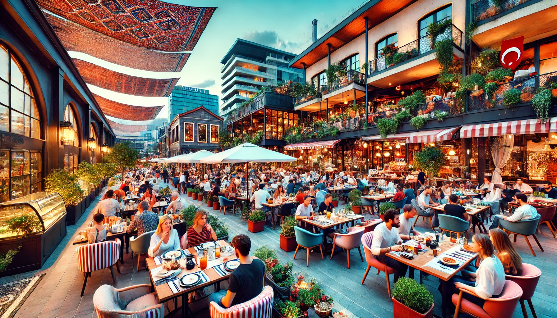 Bustling restaurant scene in Bakırköy, Istanbul, with a variety of dining establishments featuring outdoor seating and people enjoying meals.