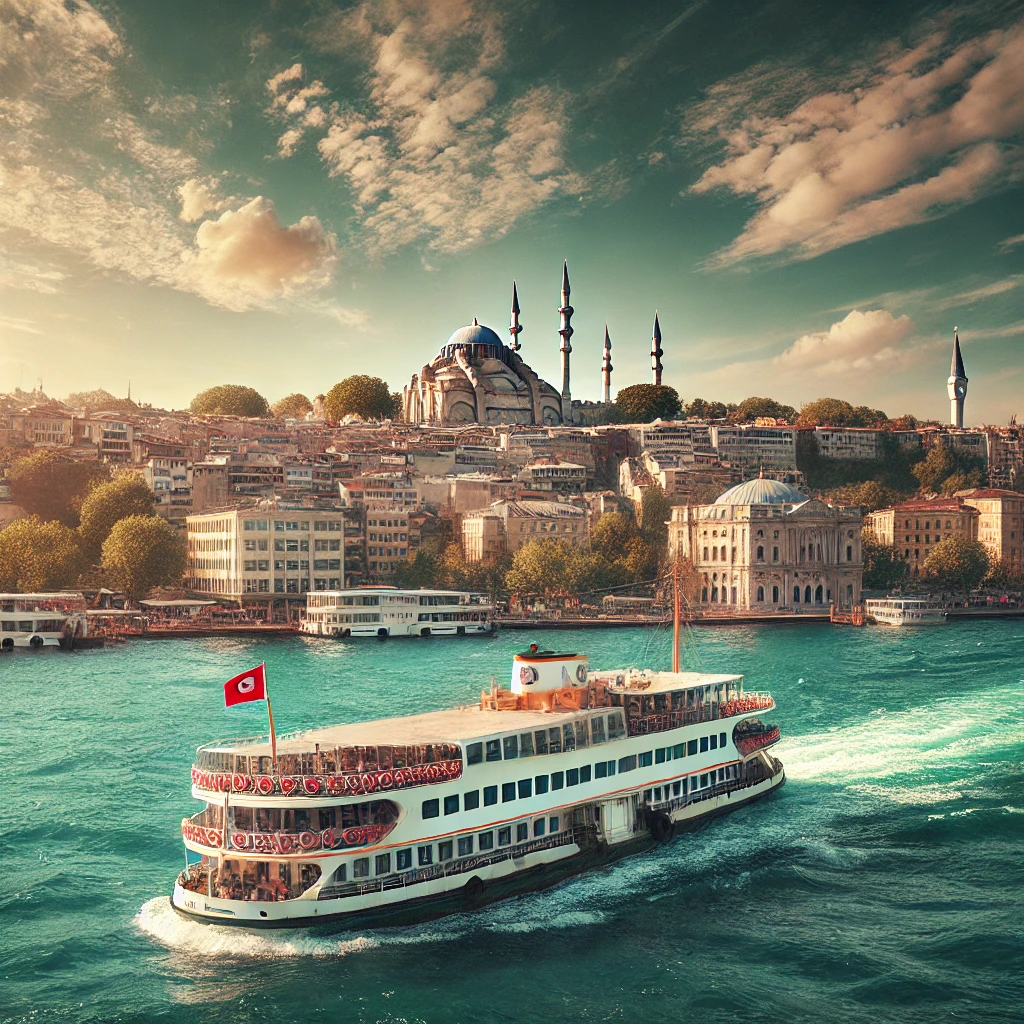 River cruise boat sailing on the Bosphorus Strait in Turkey with the Istanbul skyline in the background.