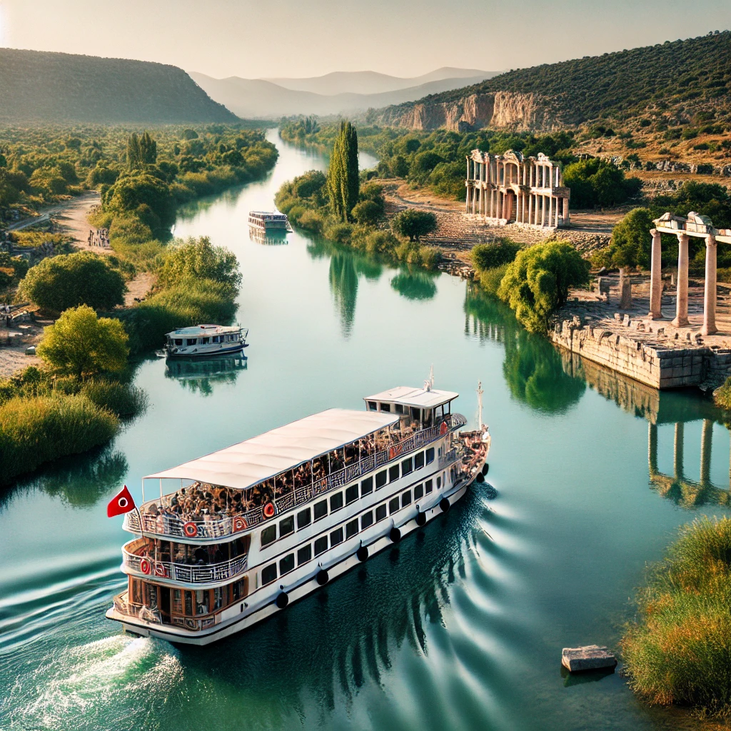 Picturesque view of a riverboat cruise in Turkey with lush landscapes and ancient ruins on the riverbanks.