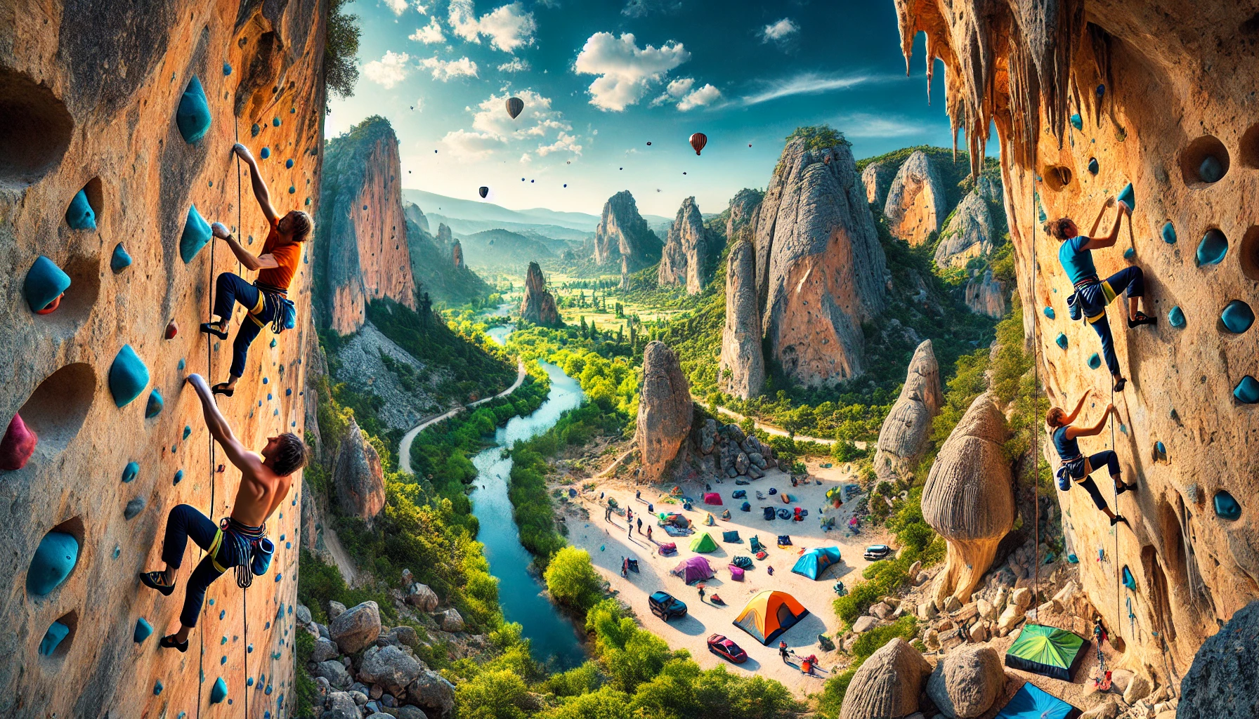 A vibrant scene showcasing rock climbing in Turkey, featuring climbers on the limestone cliffs of Ballıkayalar, the rugged rock formations of Karakayalar, and the extensive routes of Geyikbayırı and Kaynaklar, with beautiful natural landscapes including clear skies, greenery, and rocky terrains.