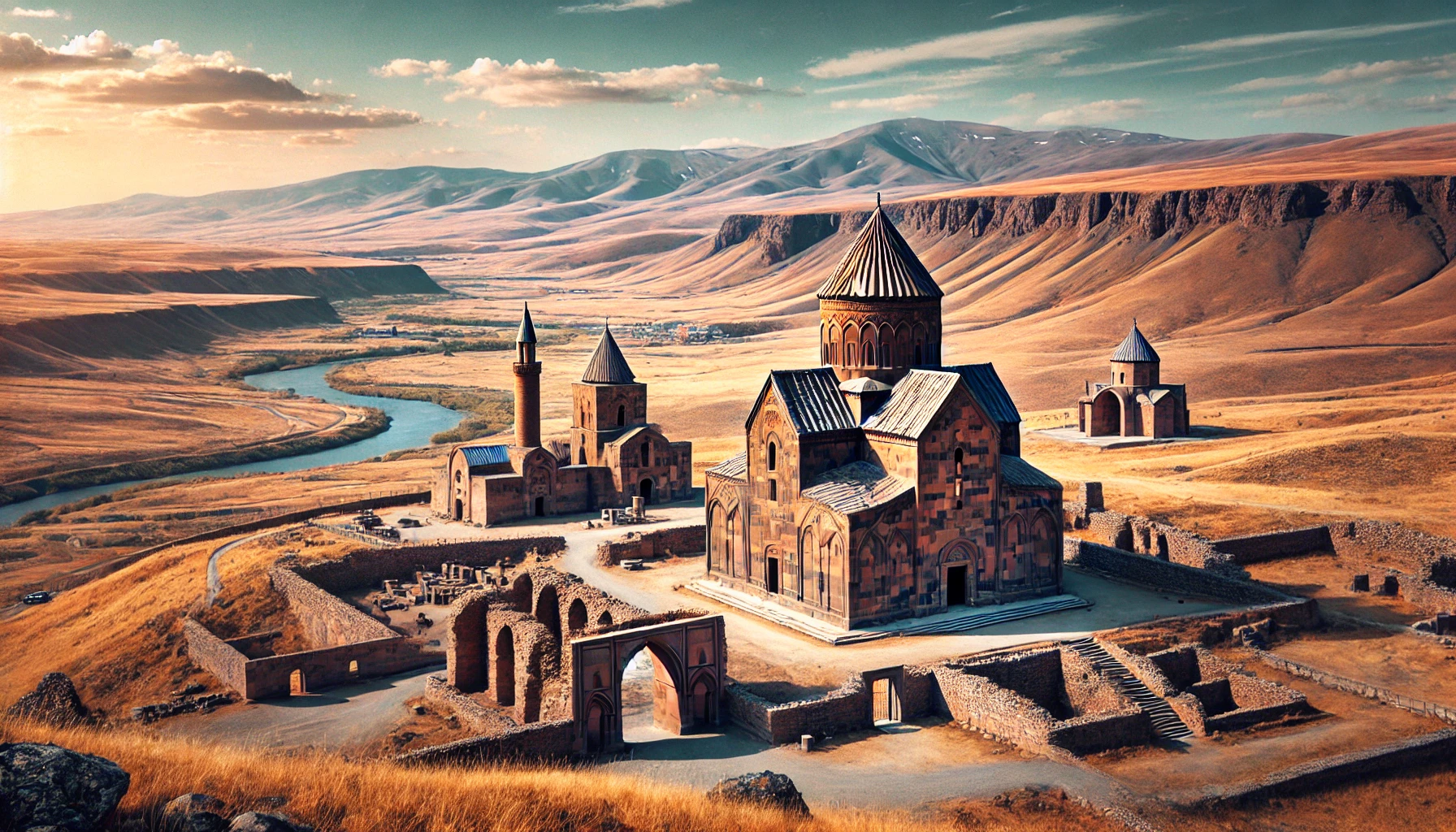 A picturesque view of the Ruins of Ani in Kars, Turkey, featuring the well-preserved remains of the Ani Cathedral, the Church of St. Gregory, the Seljuk Palace, and the Mosque of Minuchihr, set against a backdrop of barren plains and the Arpaçay Valley under a clear blue sky.