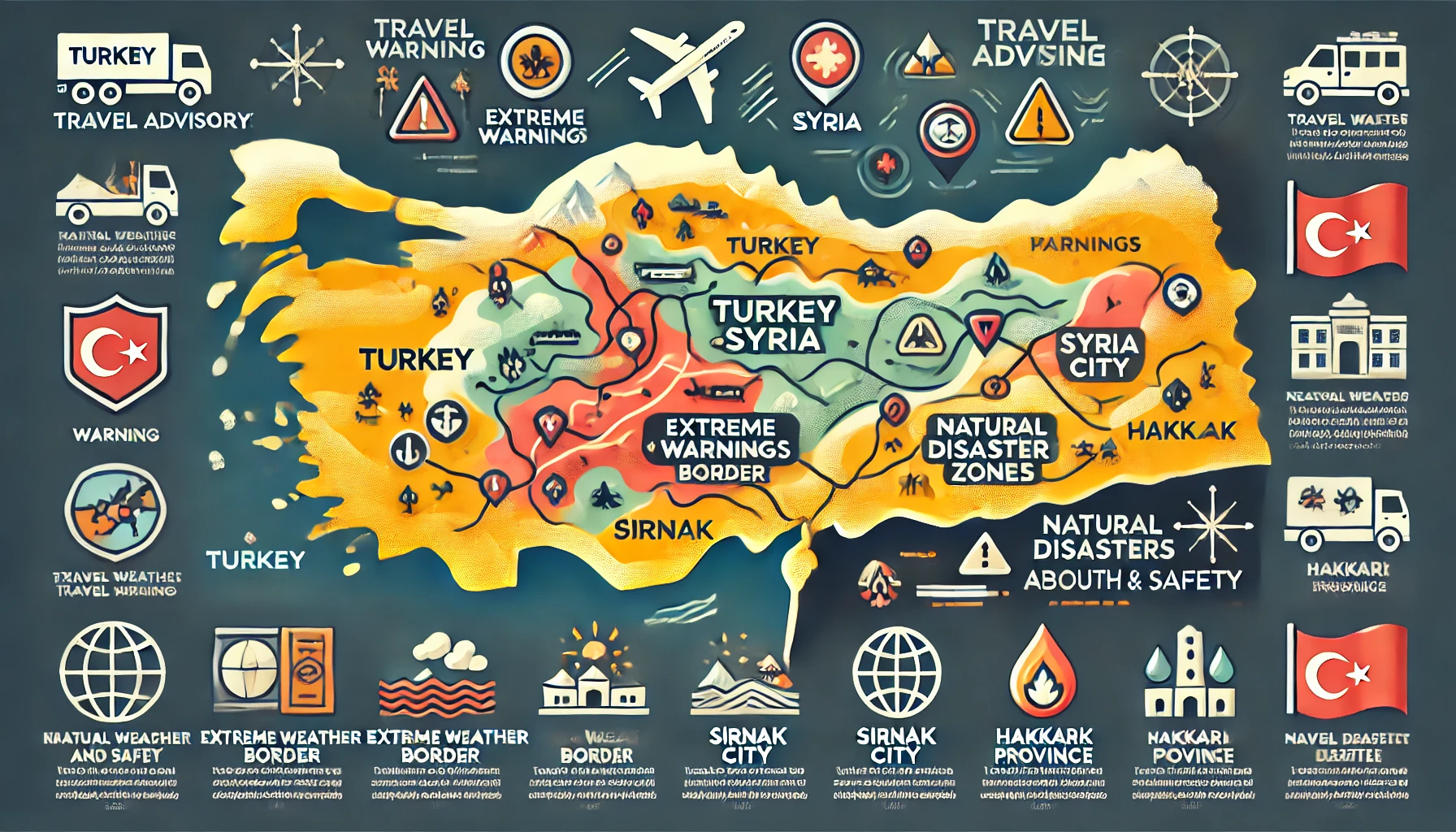 A modern travel advisory map of Turkey highlighting areas with travel warnings, including the Turkey-Syria border, Sirnak city, and Hakkari Province. The map features icons indicating extreme weather and natural disaster zones, with key points about health and safety displayed in a vibrant and professional design, suitable for a travel advice blog post.