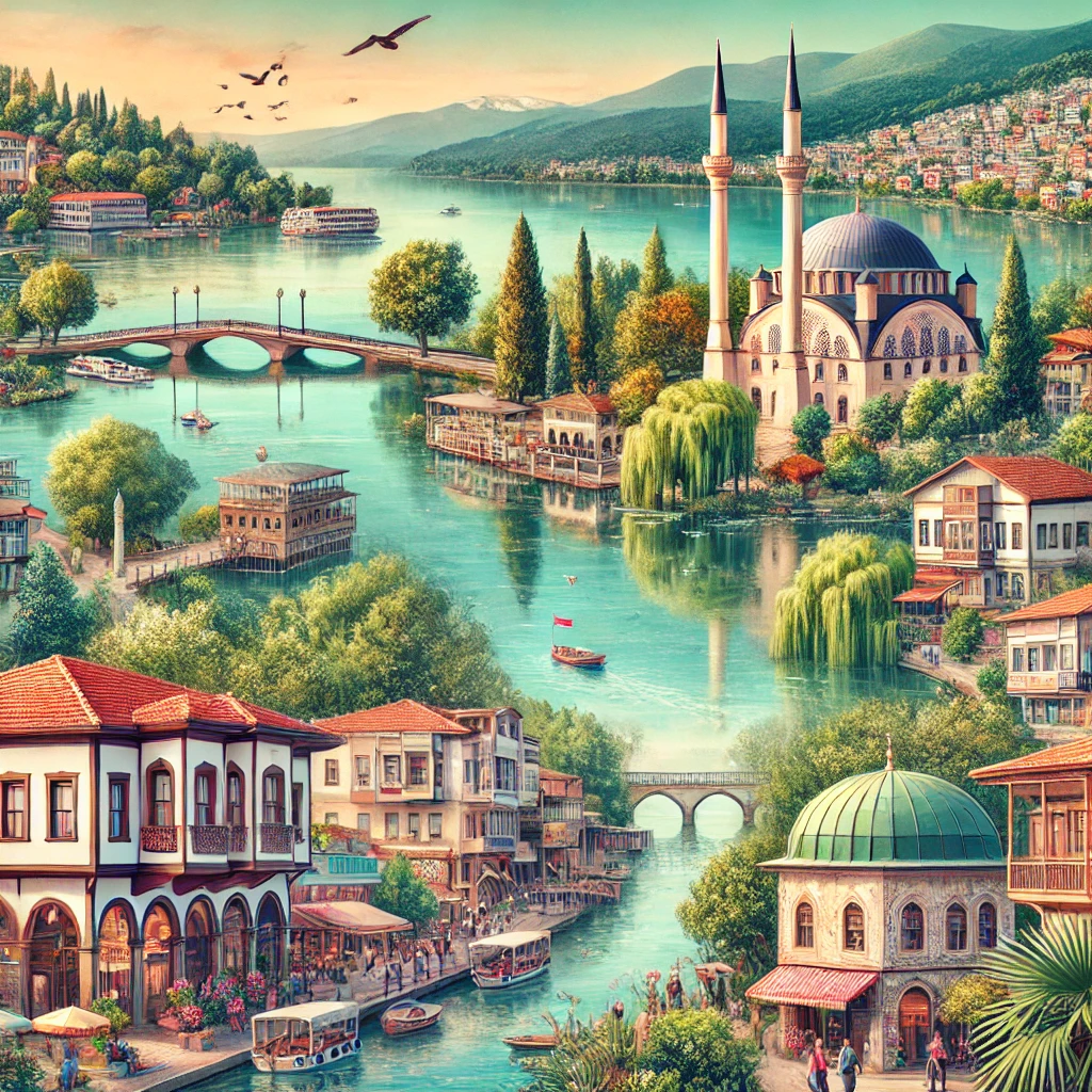 Picturesque scene showcasing Sakarya, Turkey with lush green landscapes, historical architecture, and serene waterways.