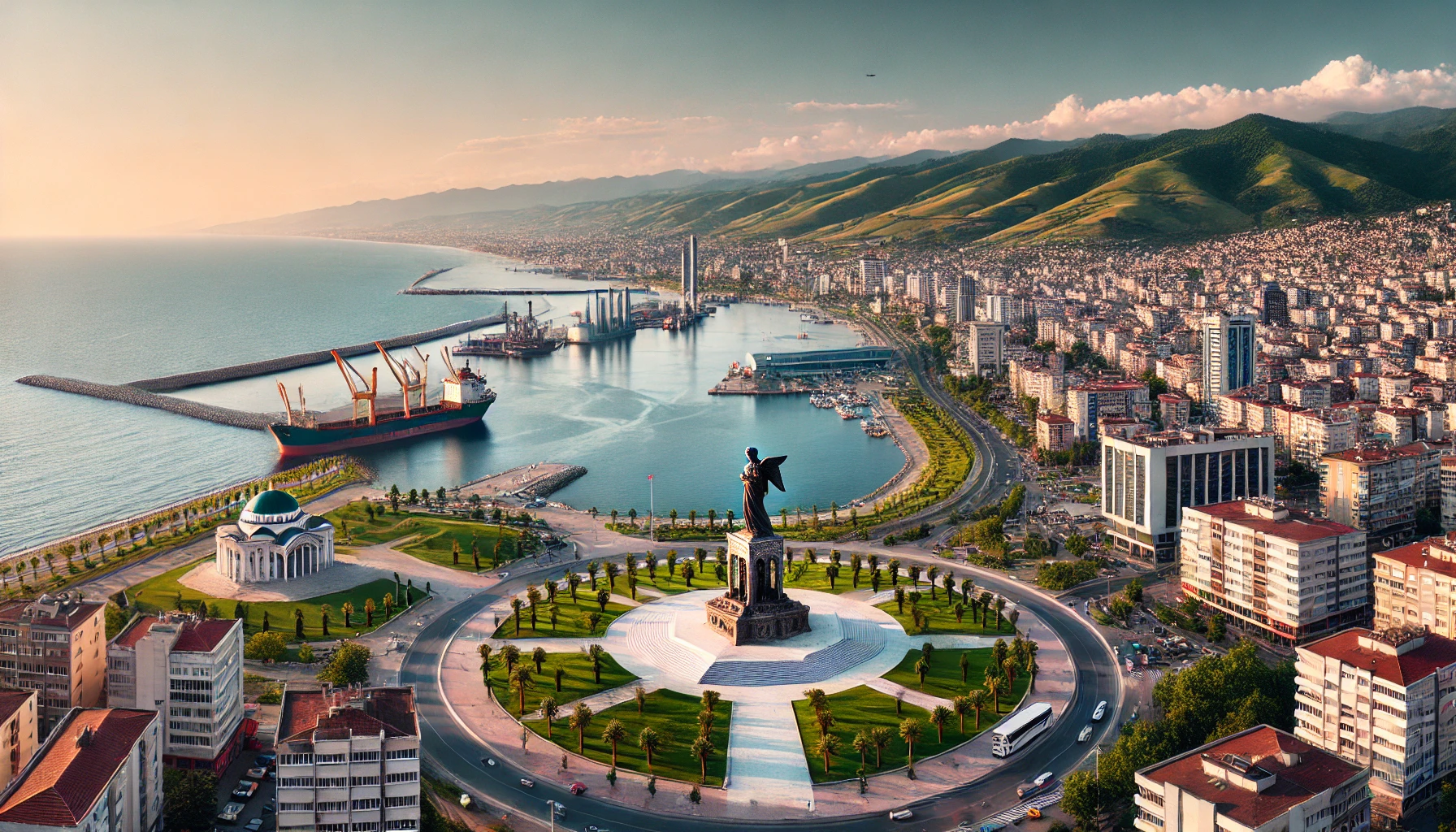 Scenic view of Samsun, Turkey with the bustling port, Atatürk Monument, and the Black Sea coastline.