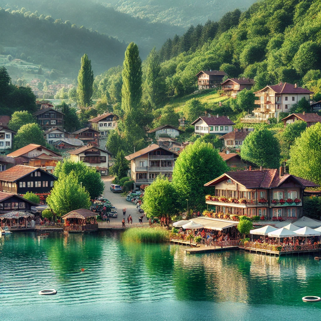 Picturesque view of Sapanca in Turkey, showcasing the tranquil Sapanca Lake surrounded by lush greenery and hills, with traditional houses and cafes along the shoreline.