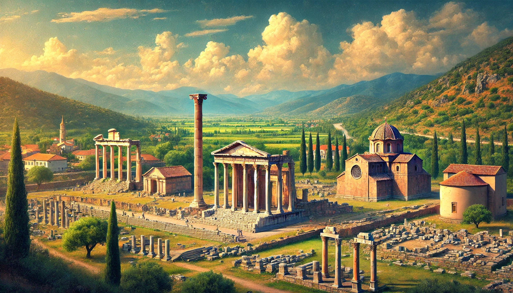 A picturesque view of the ancient city of Sardis in Turkey, featuring well-preserved ruins of the Temple of Artemis, the gymnasium and bath complex, and the synagogue, set against a backdrop of lush green hills and clear blue skies.