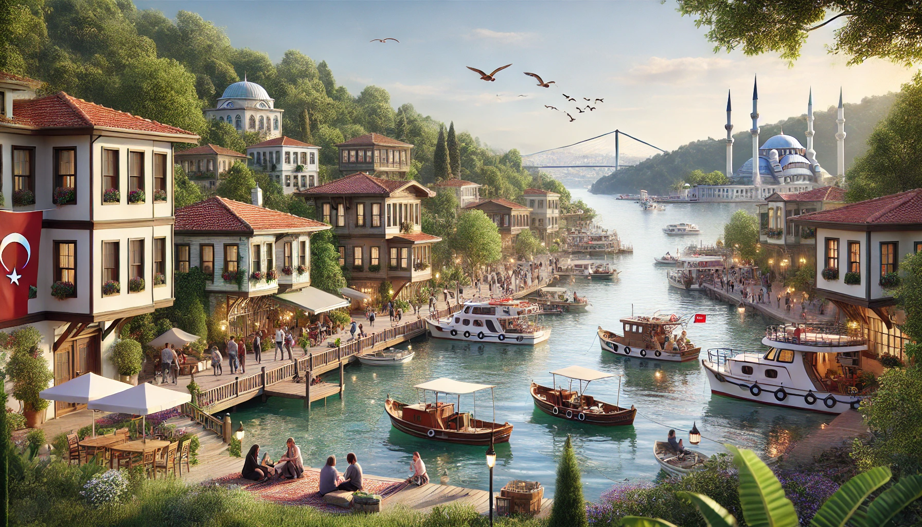 Realistic view of Sarıyer in Istanbul with a picturesque waterfront, fishing boats, traditional Ottoman-style houses, lush greenery, and the Bosphorus in the background under a clear blue sky.