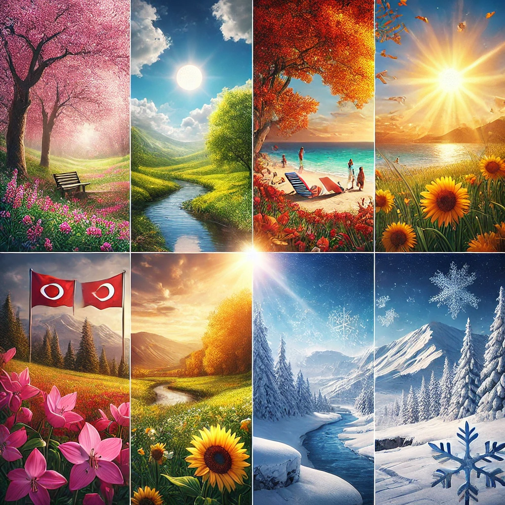 Four distinct seasons in Turkey showcasing spring flowers, summer beaches, fall leaves, and winter snow.