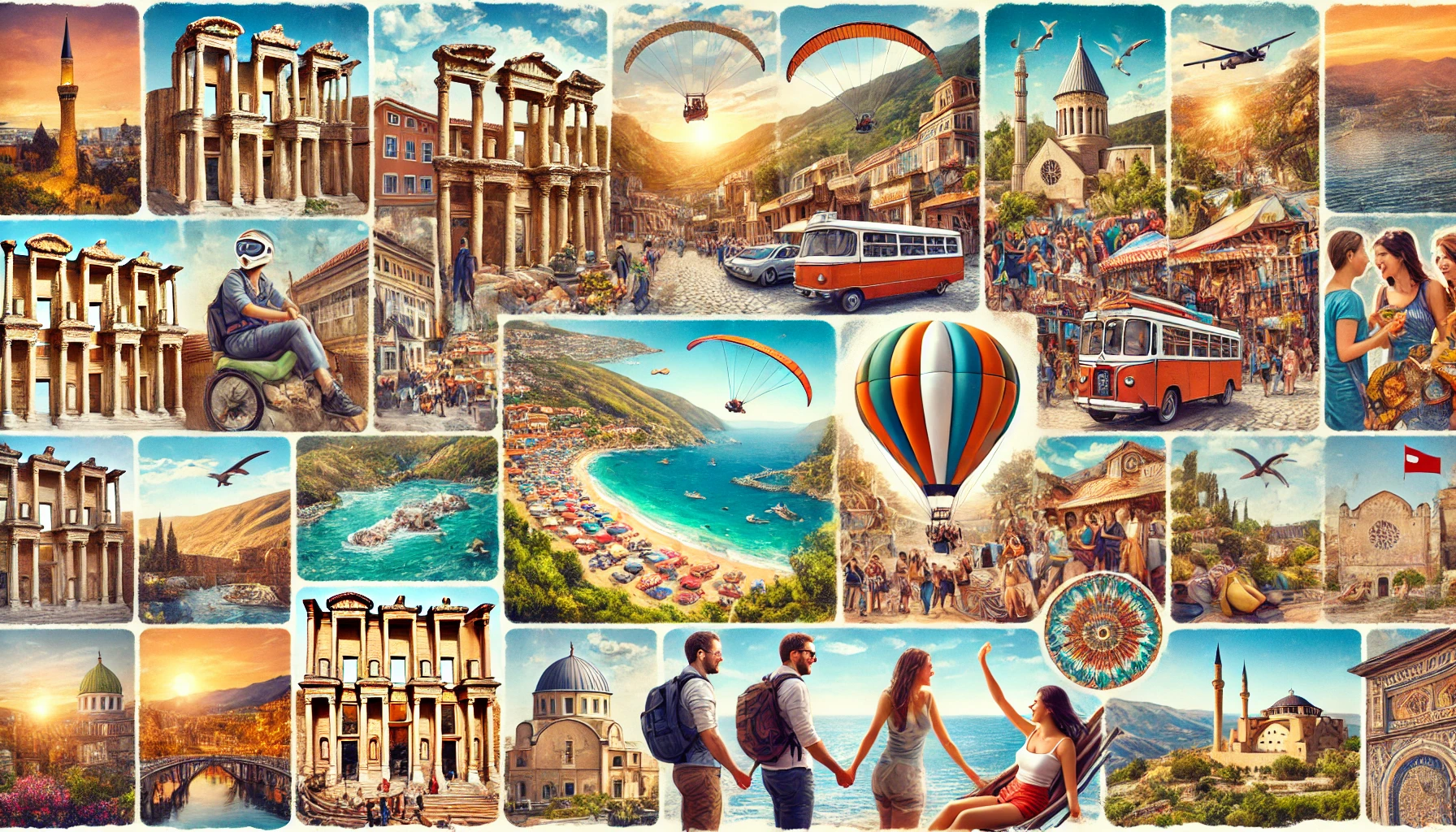 Collage showcasing various activities and attractions in Turkey, including ancient cities, archaeological sites, vibrant markets, beautiful beaches, historical churches, stunning coastlines, and adventurous activities like paragliding and hiking.