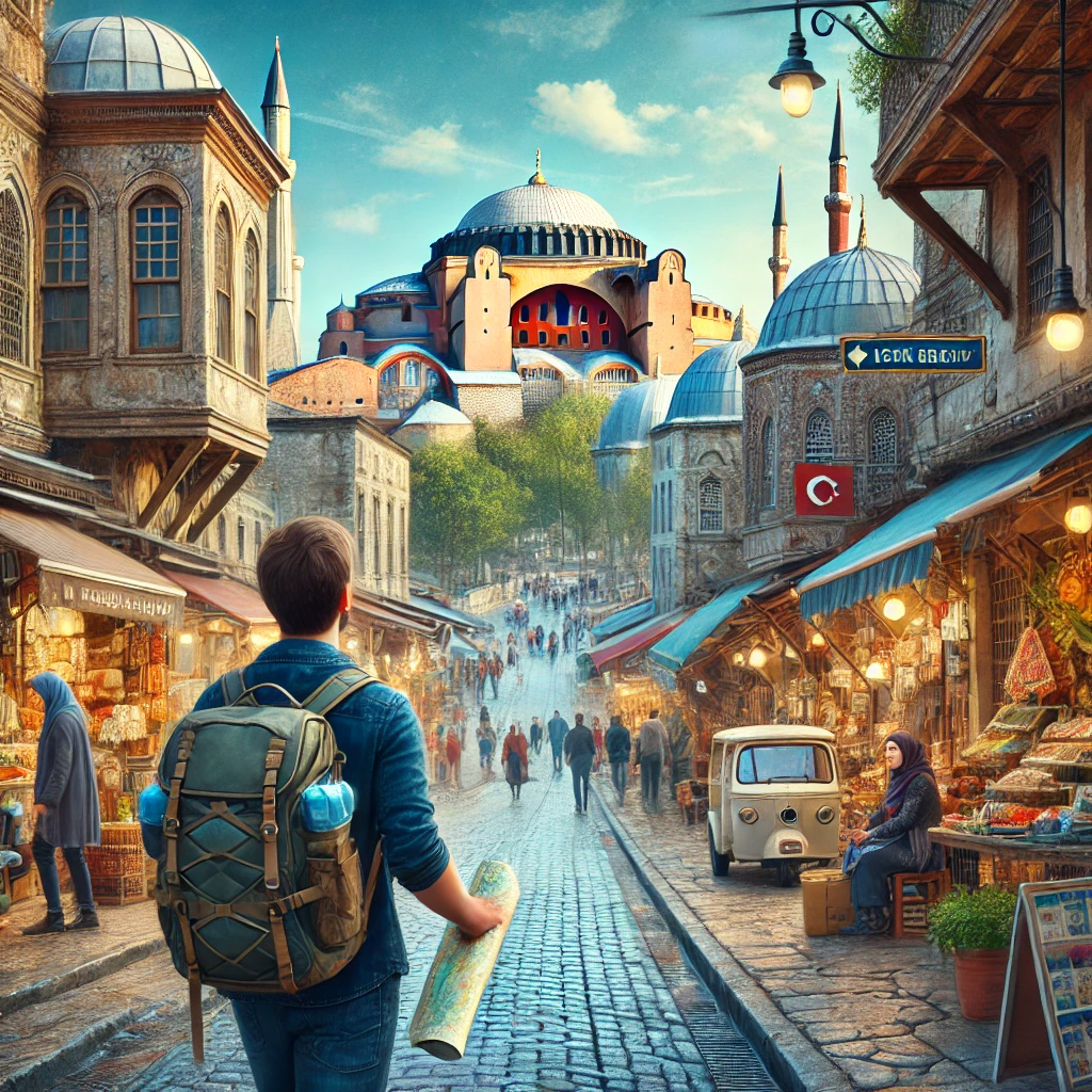 Solo traveler exploring the historic streets of Istanbul with Hagia Sophia and Blue Mosque in the background.