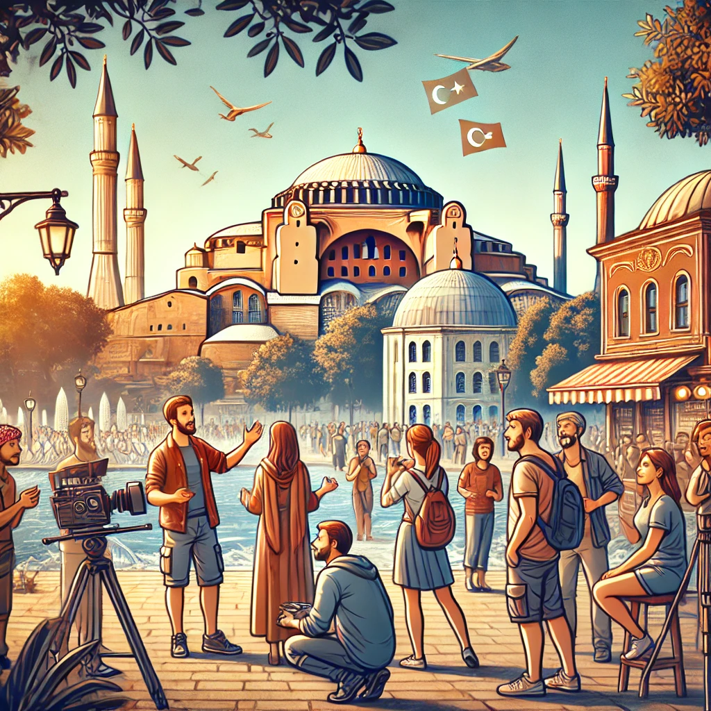 Tourists exploring a famous film location in Istanbul with Hagia Sophia and Blue Mosque in the background.