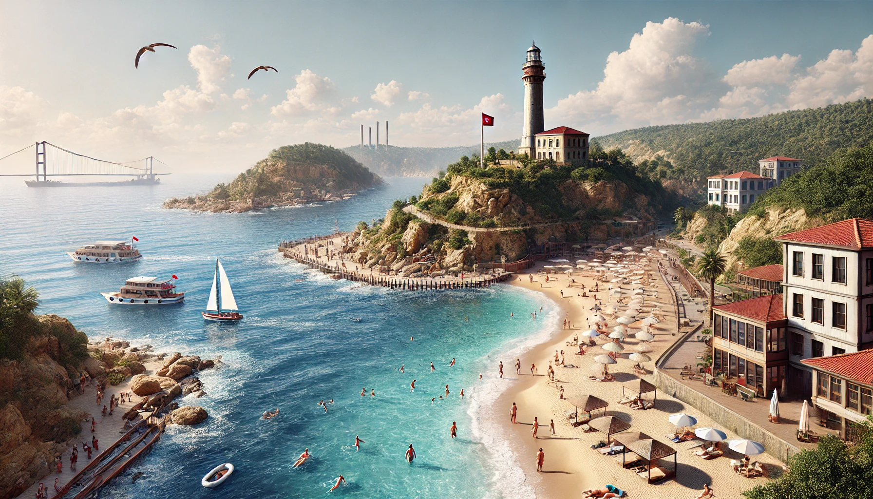 Realistic view of Şile in Istanbul with a beautiful coastline, sandy beaches, clear blue waters, and the iconic Şile lighthouse on a rocky cliff, with people enjoying the beach under a clear sky.