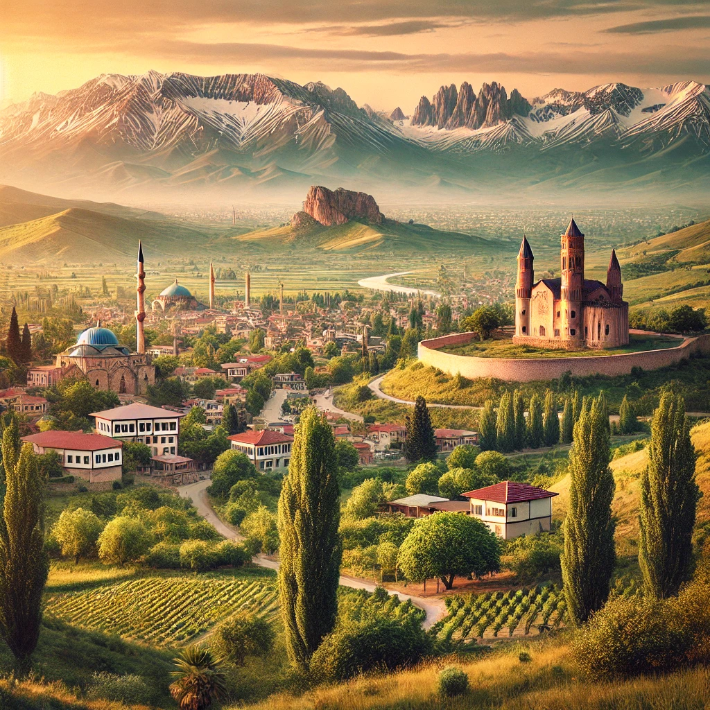 Scenic view of Sivas, Turkey with historical landmarks, mountains, and lush greenery.