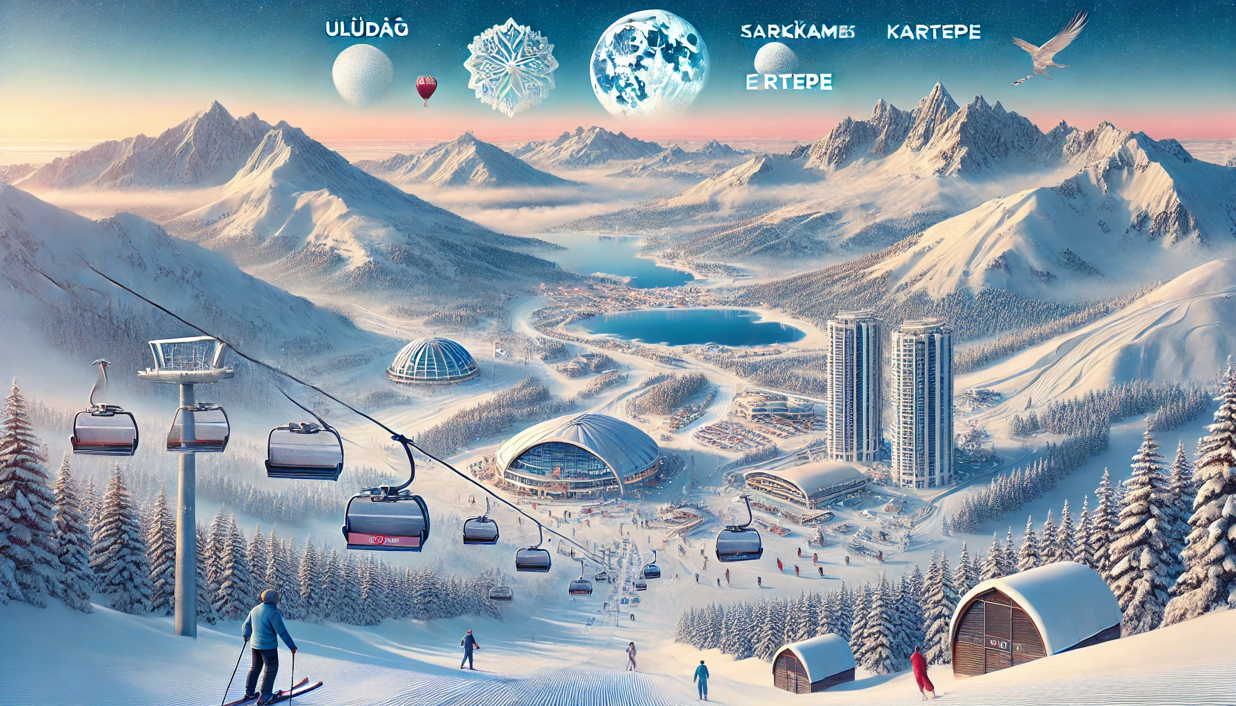 A stunning winter scene showcasing various Turkish ski resorts such as Uludağ, Palandöken, Sarıkamış, Kartepe, Erciyes, and Saklıkent, featuring snow-covered slopes, modern ski lifts, and skiers enjoying the snowy landscape against a backdrop of beautiful mountain scenery.