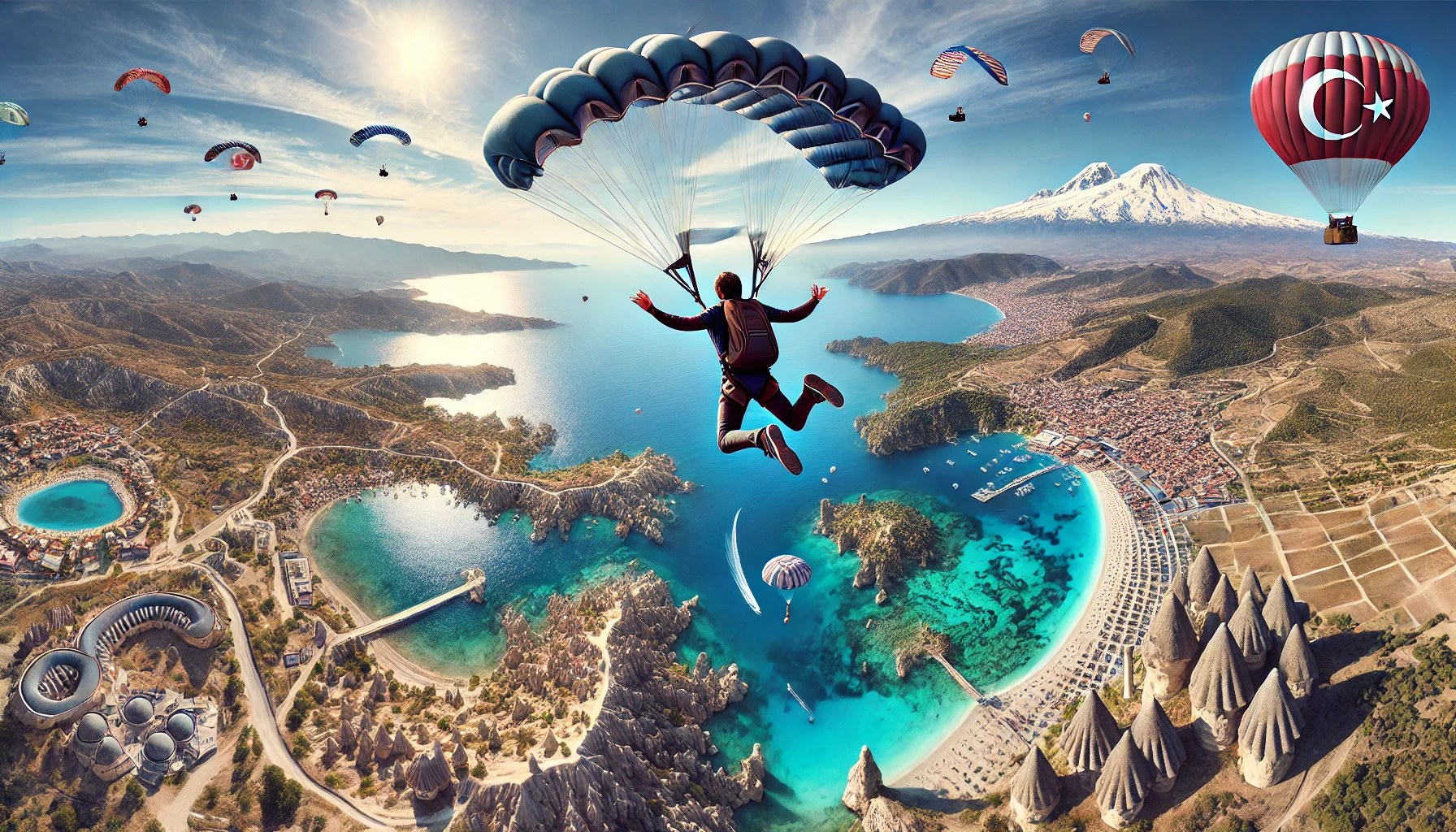 A panoramic view of skydiving in Turkey, showcasing diverse landscapes. The image features a skydiver descending with a parachute over the stunning Blue Lagoon in Ölüdeniz with its turquoise waters, the fairy chimneys of Cappadocia, and the ancient ruins of Ephesus. The background includes the snow-capped peak of Mount Ararat and the bustling cityscape of Istanbul with the Bosphorus Strait. The sky is clear and sunny, providing perfect conditions for a parachute jump.