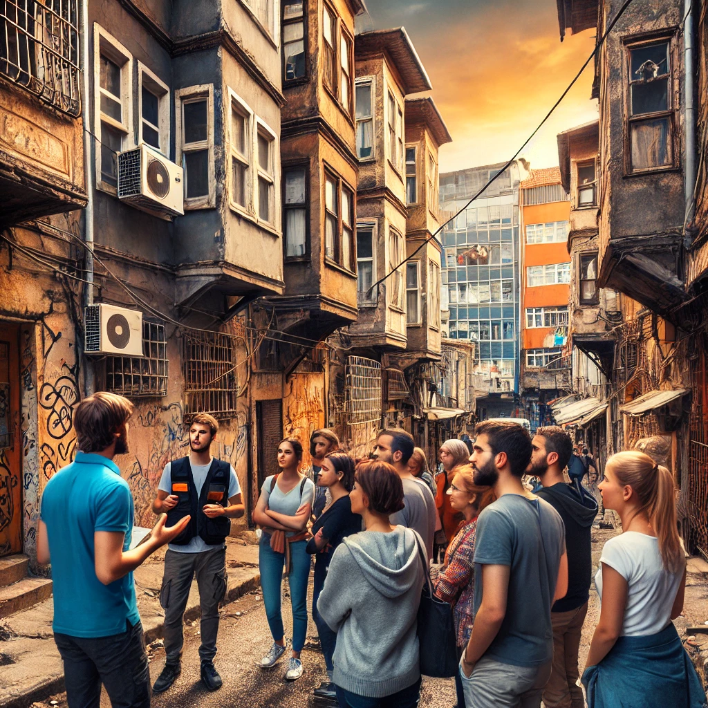 Tourists walking through an impoverished neighborhood in Istanbul with old buildings and a local guide.