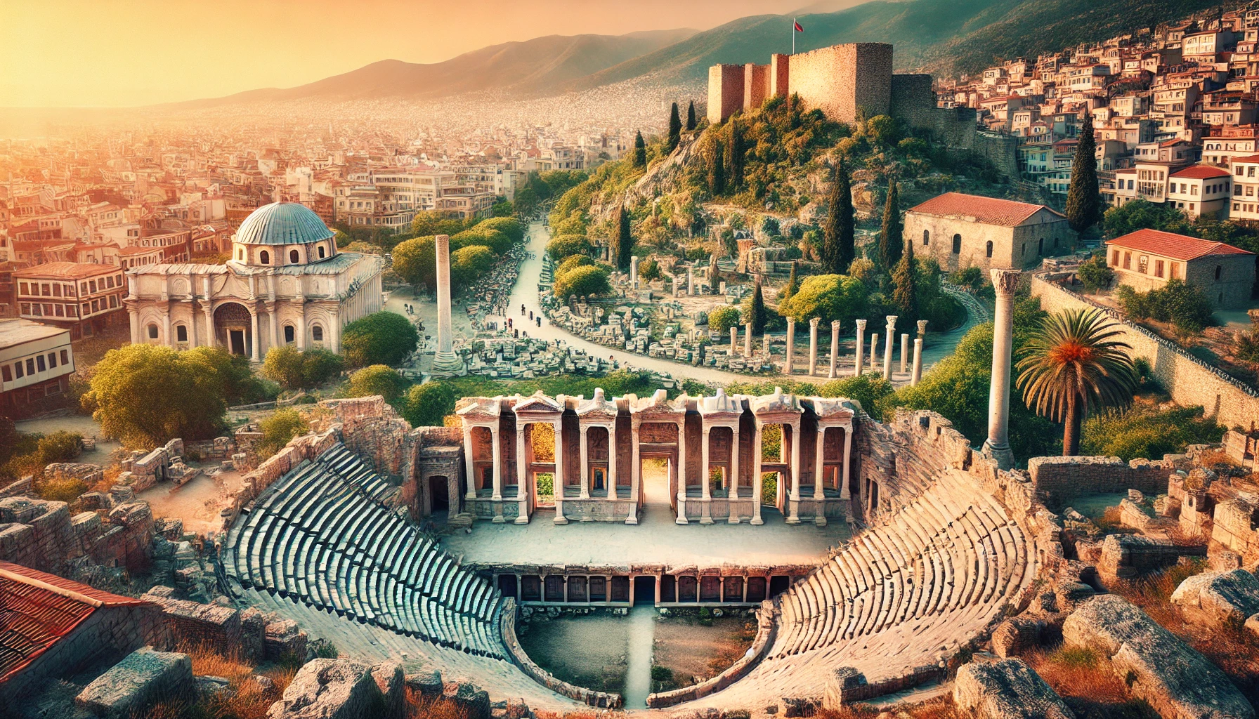 A picturesque view of the ancient city of Smyrna, now modern-day Izmir, featuring well-preserved ruins such as the Agora of Smyrna, the Roman Theater, and the hilltop fortress of Kadifekale.