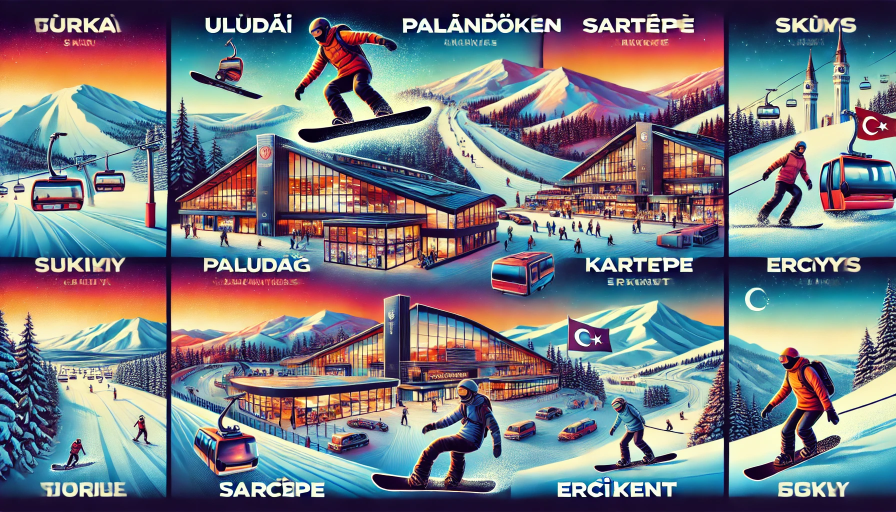 A vibrant scene showcasing snowboarding in Turkey, featuring snowboarders on the slopes at various ski resorts such as Uludağ, Palandöken, Sarıkamış, Kartepe, Erciyes, and Saklıkent. The image includes modern facilities and beautiful snowy landscapes, with snowboarders enjoying their ride down the slopes.