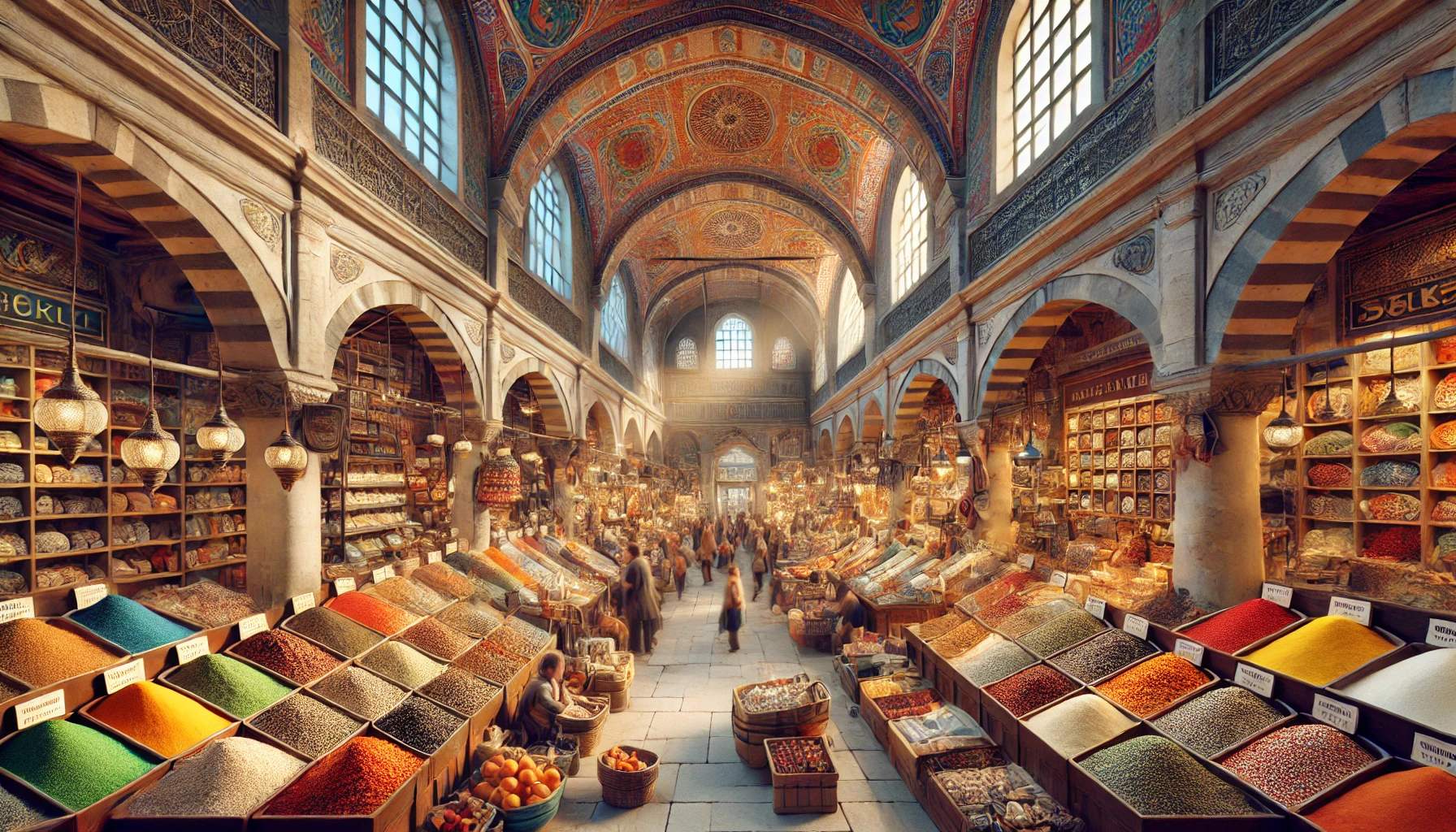 Realistic view of the Spice Bazaar in Istanbul with colorful stalls of spices, herbs, dried fruits, historic architecture, arched ceilings, and people shopping under warm lighting.