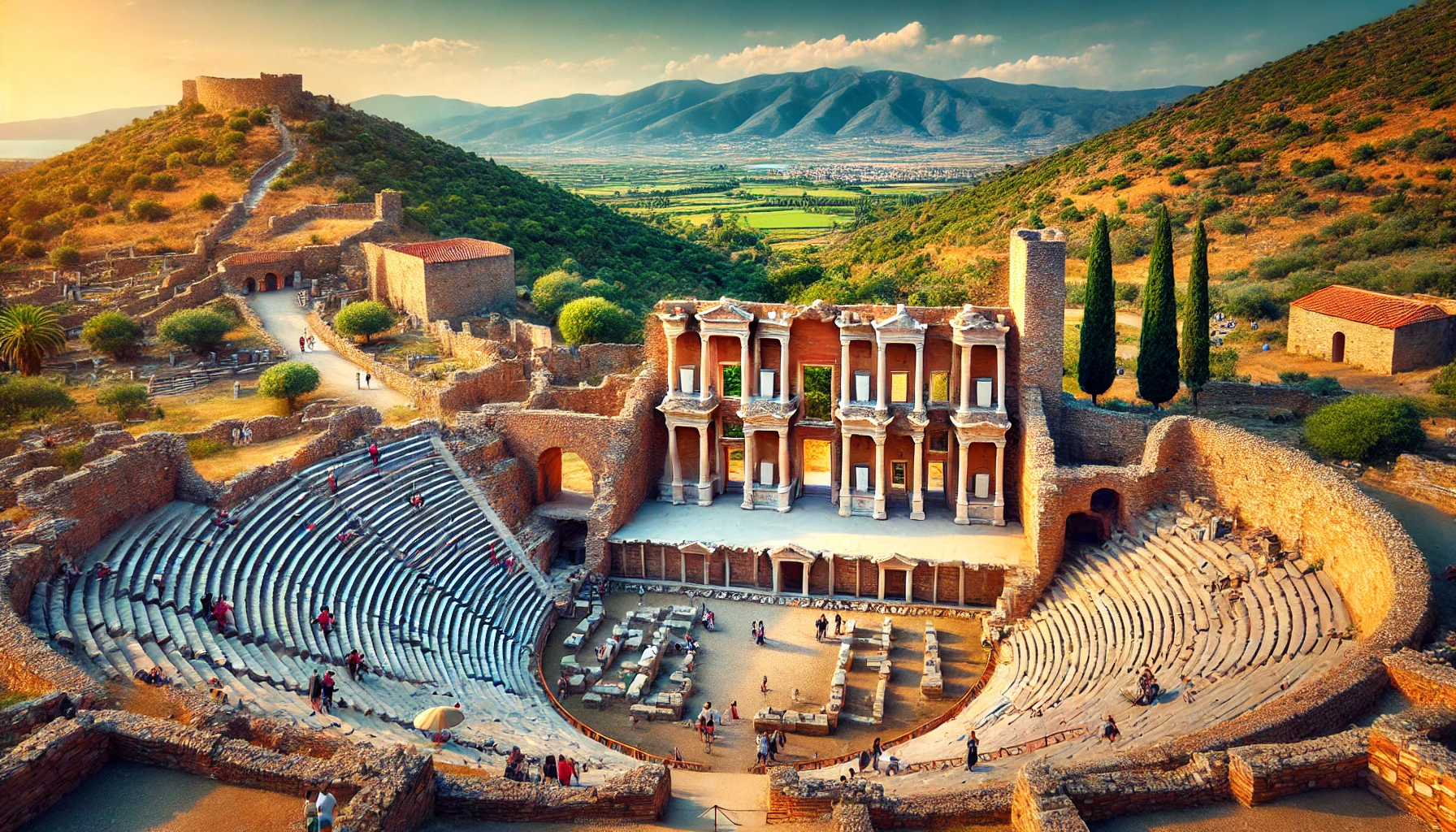 A stunning view of the ancient city of Stratonikeia in Aydin, Turkey, featuring well-preserved ruins of the castle, entrance door, small theater, and gymnasium, with lush green hills and clear skies in the background.