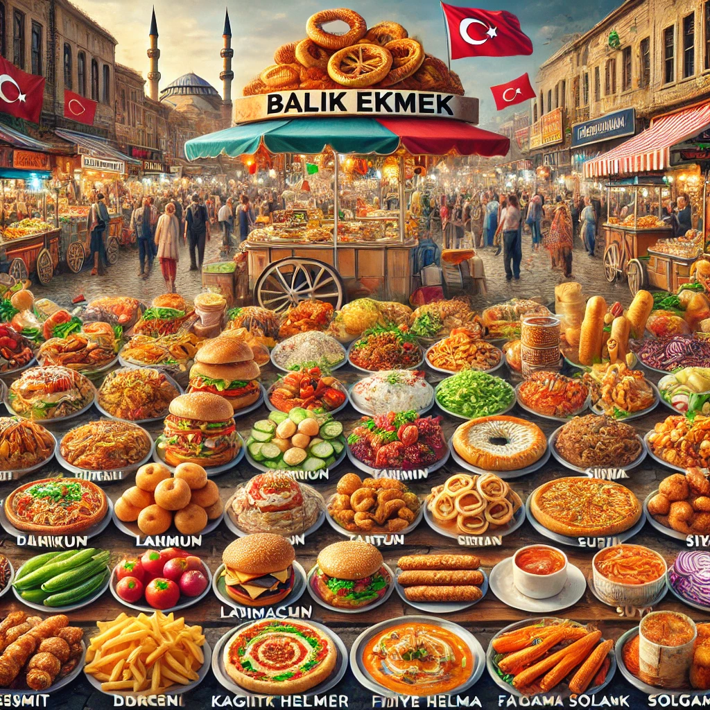 Various Turkish street foods displayed in a vibrant street food market in Turkey.