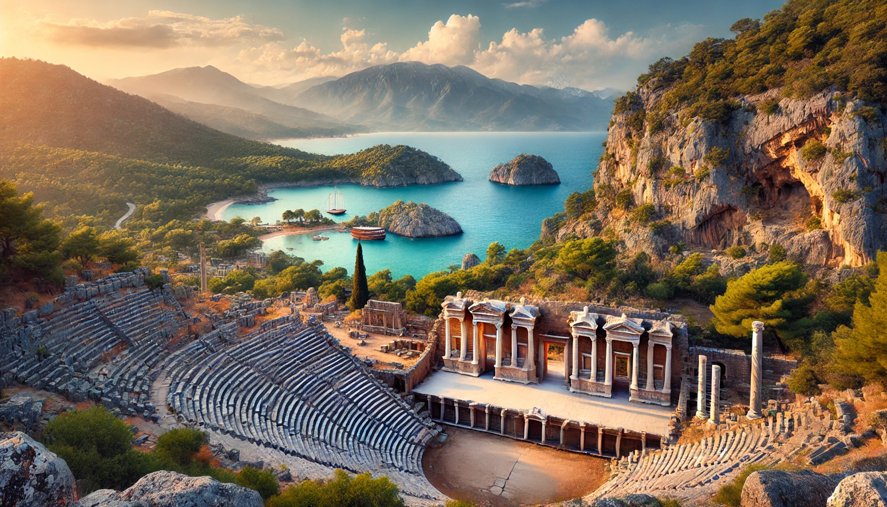 A picturesque view of the ancient city of Telmessos near Fethiye, Turkey, featuring the well-preserved ruins of the ancient theater, rock-cut tombs, and the Tomb of Amyntas set against the backdrop of lush green mountains and the blue Mediterranean Sea.