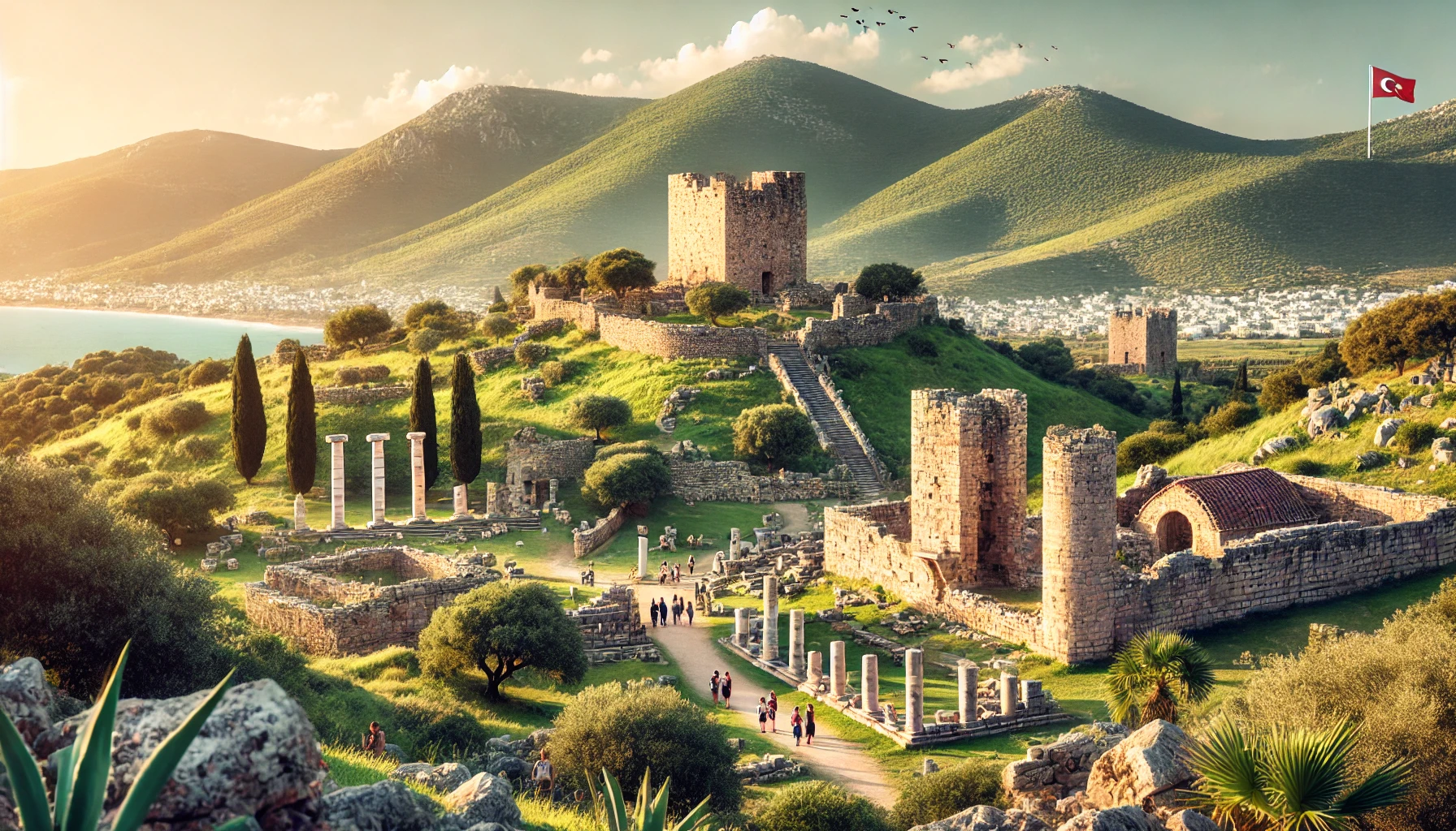 A scenic view of the ancient city of Telmissos in Bodrum, Turkey, featuring well-preserved ruins of the Hellenistic period, including the towers of the city's walls, with lush green hills and clear skies in the background, and tourists exploring the site.