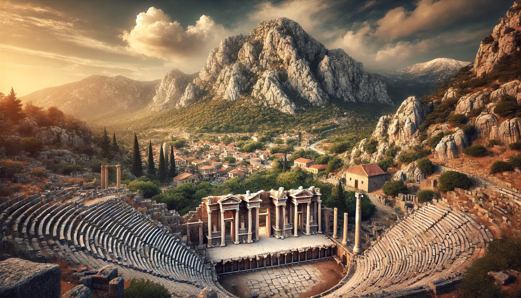 A picturesque view of the ancient city of Termessos in Turkey, featuring well-preserved ruins of the theatre, temples, and rock-cut tombs set against the backdrop of Mount Güllük.