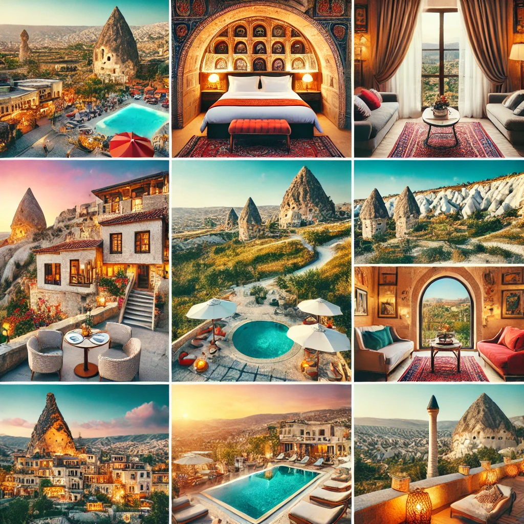 A vibrant collage showcasing various luxurious and unique hotels in Cappadocia, Turkey. The image features stunning cave hotels, rooftop terraces with views of fairy chimneys, beautifully decorated rooms, and outdoor pools with picturesque landscapes in the background. The scene captures the essence of comfort, luxury, and the unique charm of Cappadocia's best hotels.