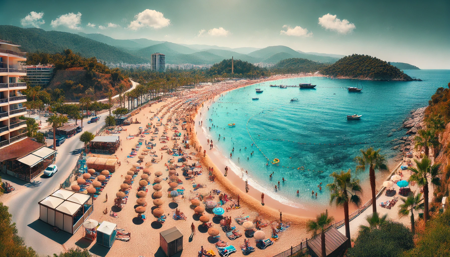 Panoramic view of a beautiful beach in Antalya, Turkey with clear blue waters, golden sand, and people enjoying beach activities.