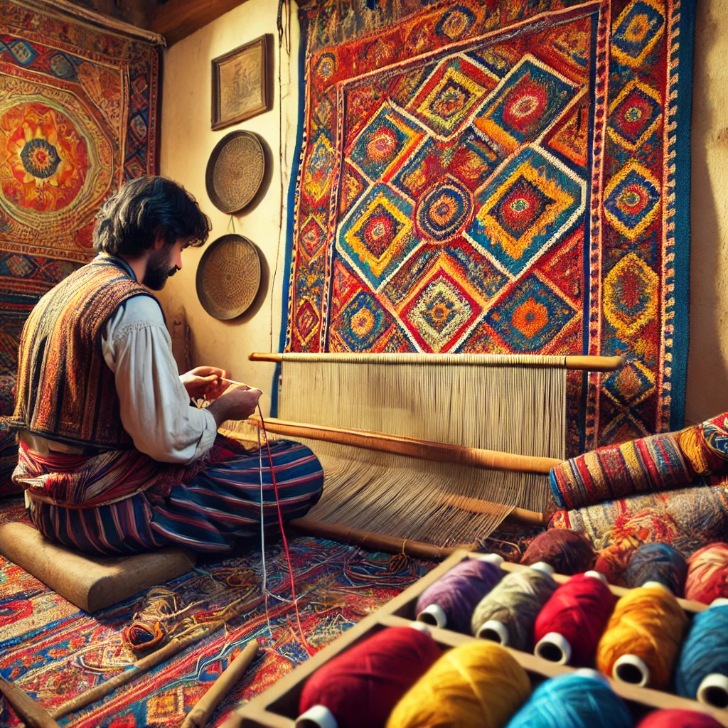 A skilled artisan weaving a traditional Turkish carpet using the intricate Gordes knot technique, surrounded by colorful yarns and tools.